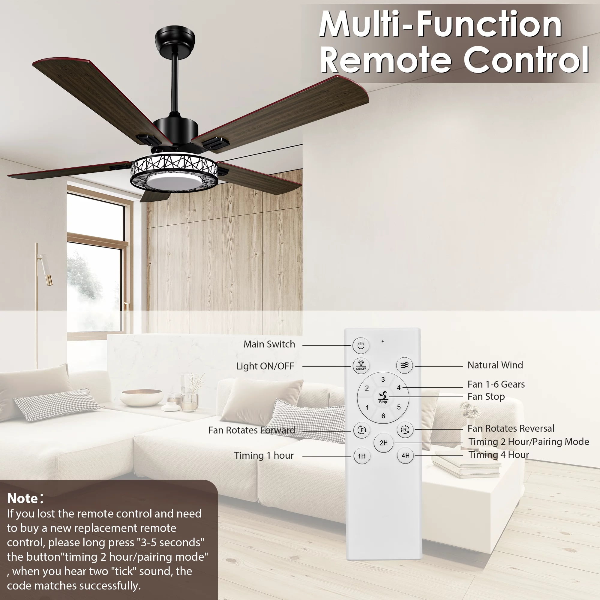 52 inch Ceiling Fan with Light, Remote Control Reverse Airflow 5 Blade Wood Home Fan, 6 Speeds Silent Motor, Extendable Mounting Indoor - Image 5