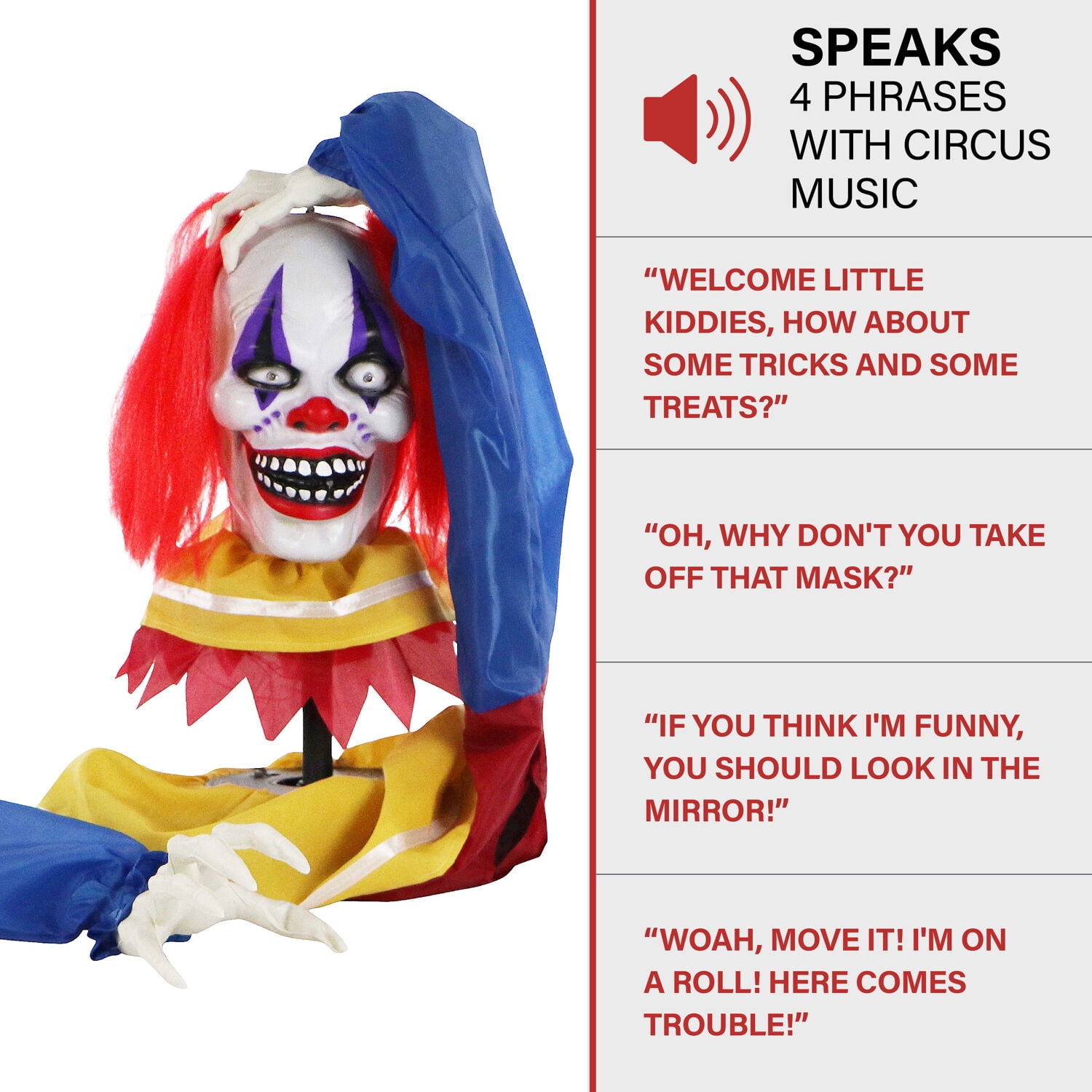 Haunted Hill Farm 20" Animatronic Pop-Up Talking Clown Head with Light-Up Eyes for Scary Halloween Tabletop Decoration, HHCLOWN-29FLSA - Image 4
