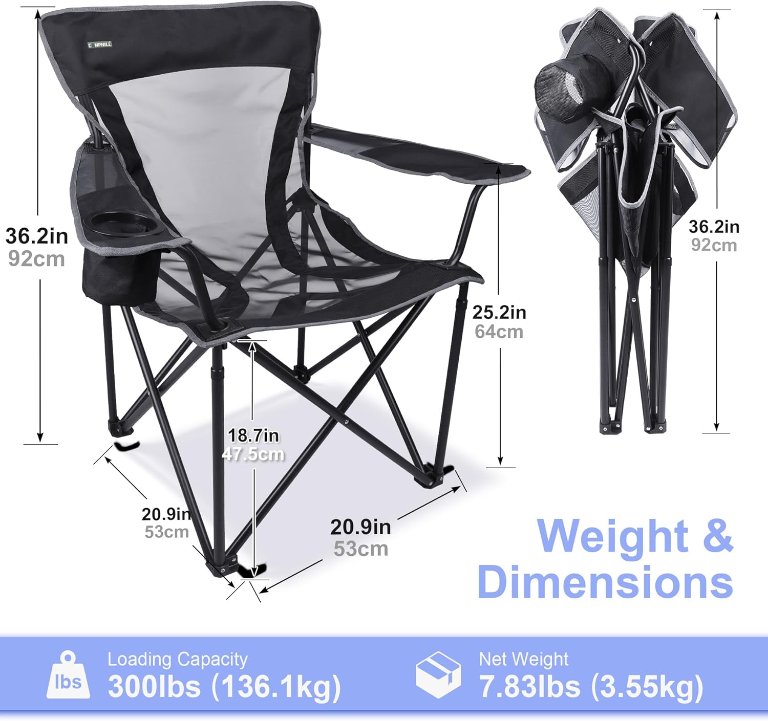 Camping Chair Portable Folding Chair Cooling Mesh Back Outdoor Lawn Chair with Cup Holder and Carry Bag Supports up to 300lbs - Image 7