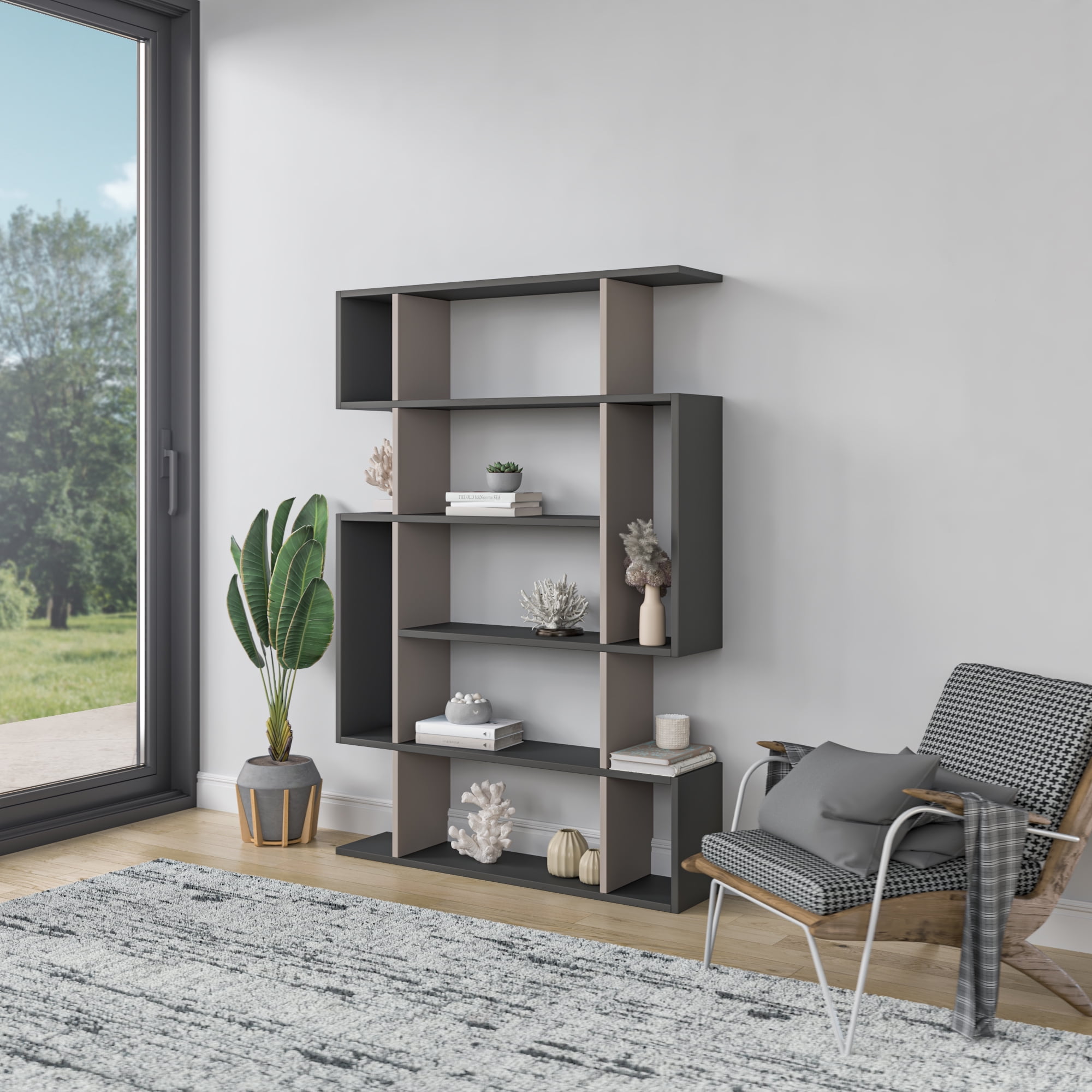 Ada Home Decor Furniture Multiple Tier Open Shelf Anthracite Light Mocha Blair Modern Bookcase - Image 4