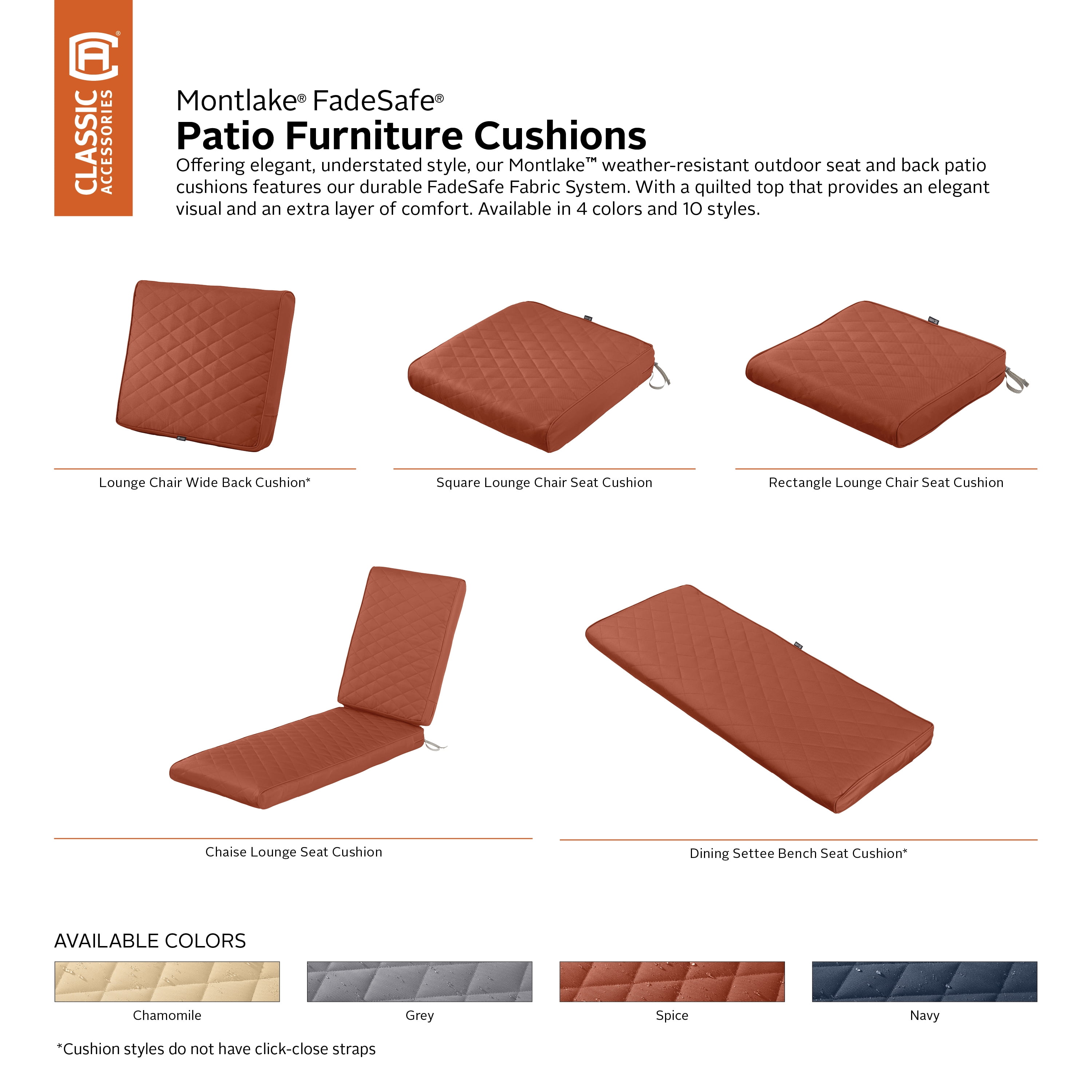 Classic Accessories Montlake FadeSafe Water-Resistant Patio Chaise Quilted Cushion, 80 x 26 x 3 inch, Spice - Image 8