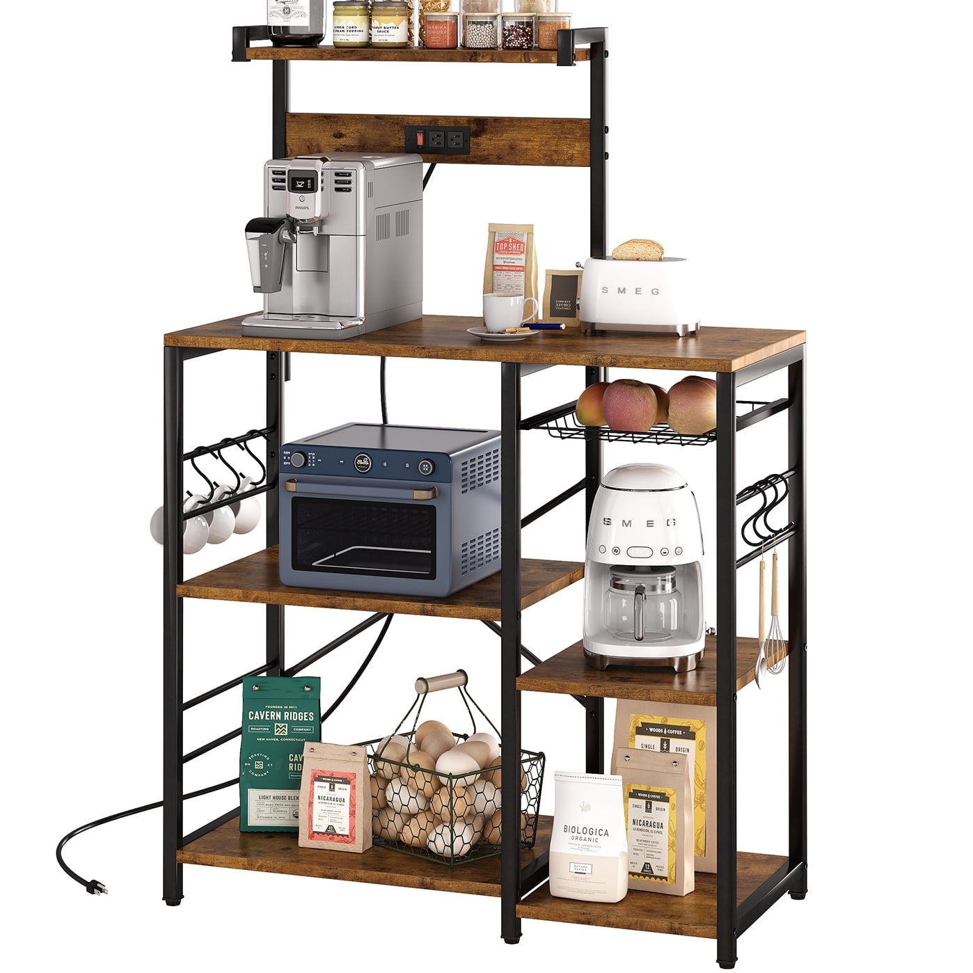 4 Tiers Bakers Rack with Power Outlets, Coffee Bar Table with 6 Hooks, Wood Microwave Stand with Wire Basket, Kitchen Storage Shelf, Kitchen Rack in Brown - Image 6