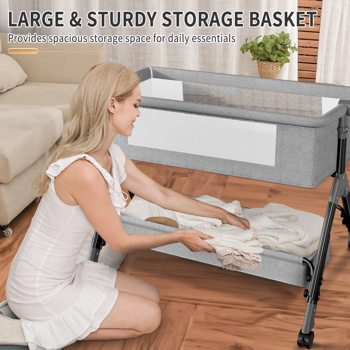 Baby Bassinet for Infant, Adjustable Bedside Sleeper Bassinet with Storage Basket, Bed Side Crib for 0-6 Months, Gray - Image 4