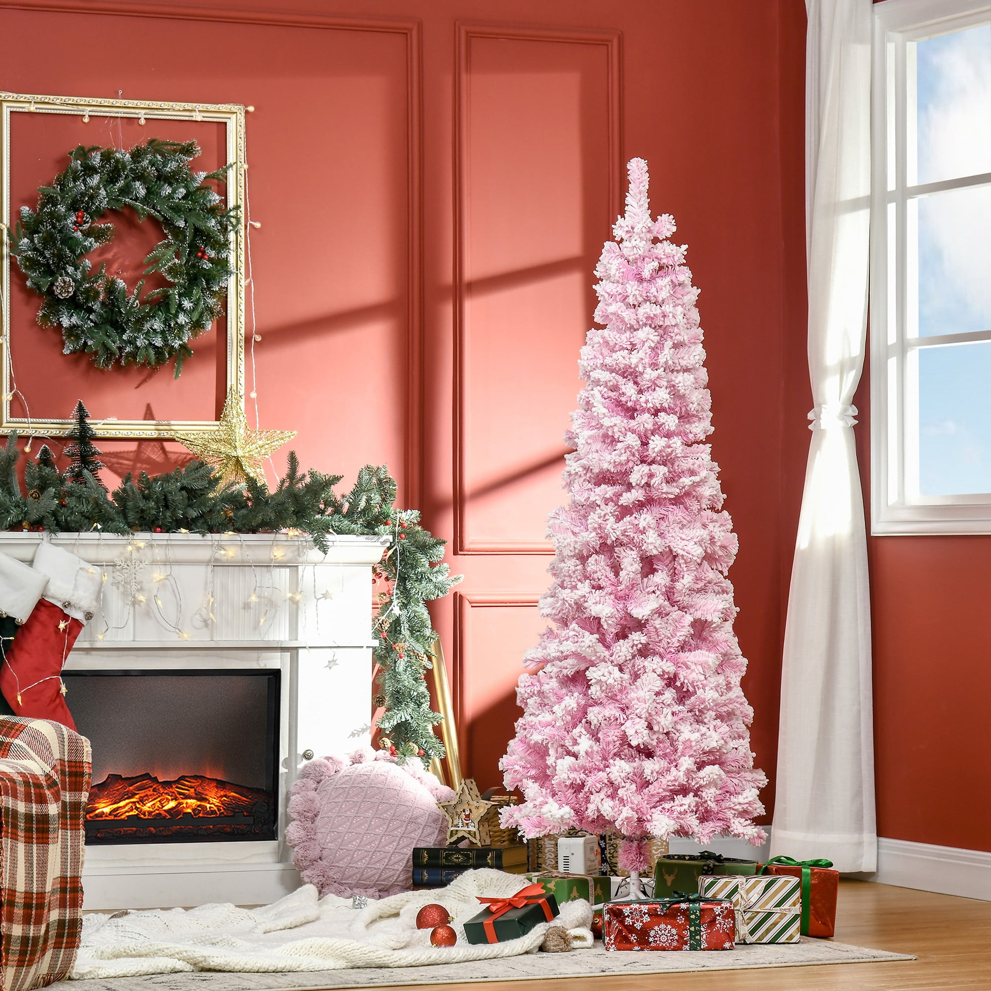HOMCOM 6ft Tall Unlit Snow Flocked Artificial Christmas Tree Slim Pencil Xmas Tree with Pine Shape and Realistic Branches, Pink - Image 8