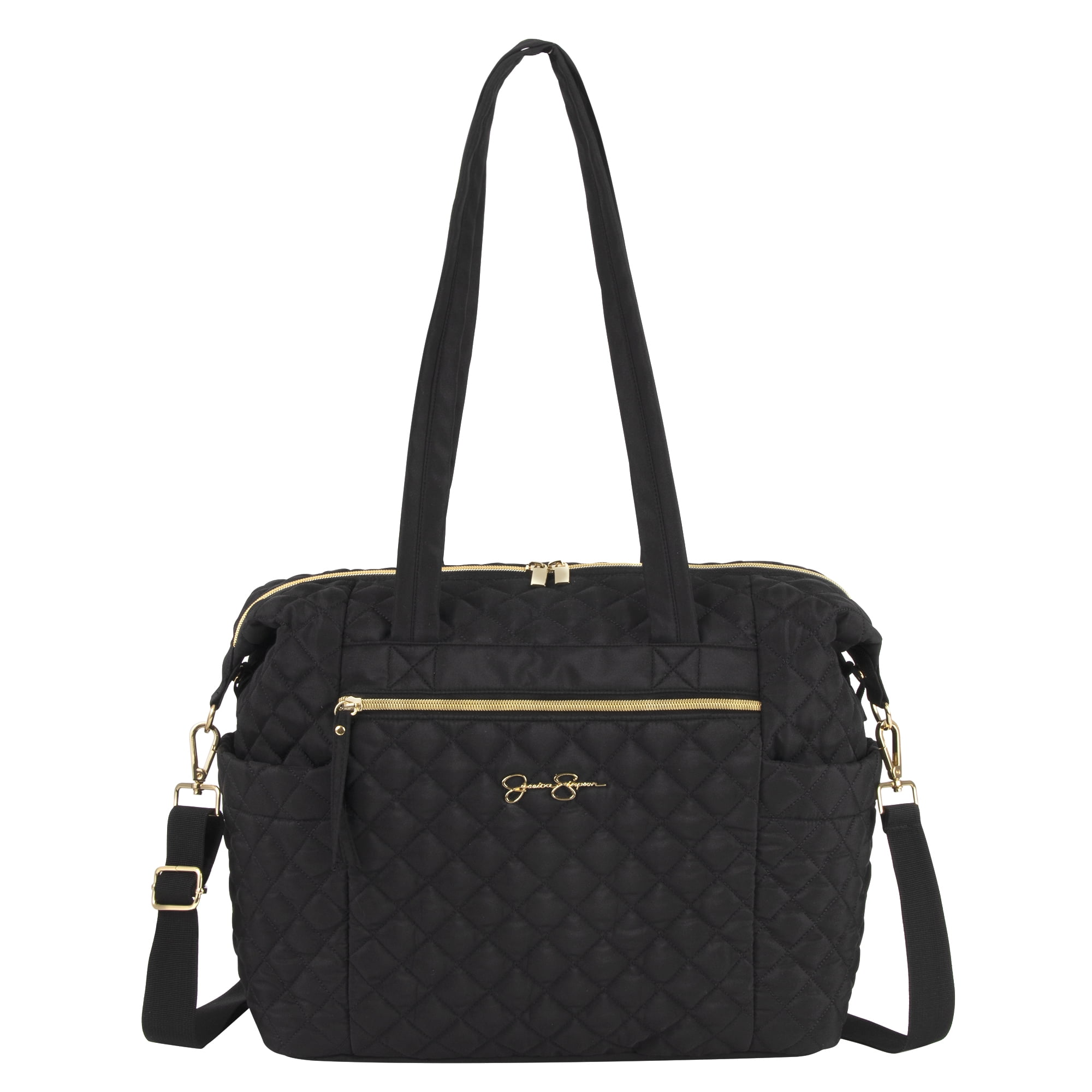 Jessica Simpson Large Black Diamond Stylish Quilted Multi-Pocket Dual Zipper Closure Fashion Diaper Bag Travel Tote Satchel with Luggage Strap, Running Cheetah Print Interior & Changing Pad - Image 7