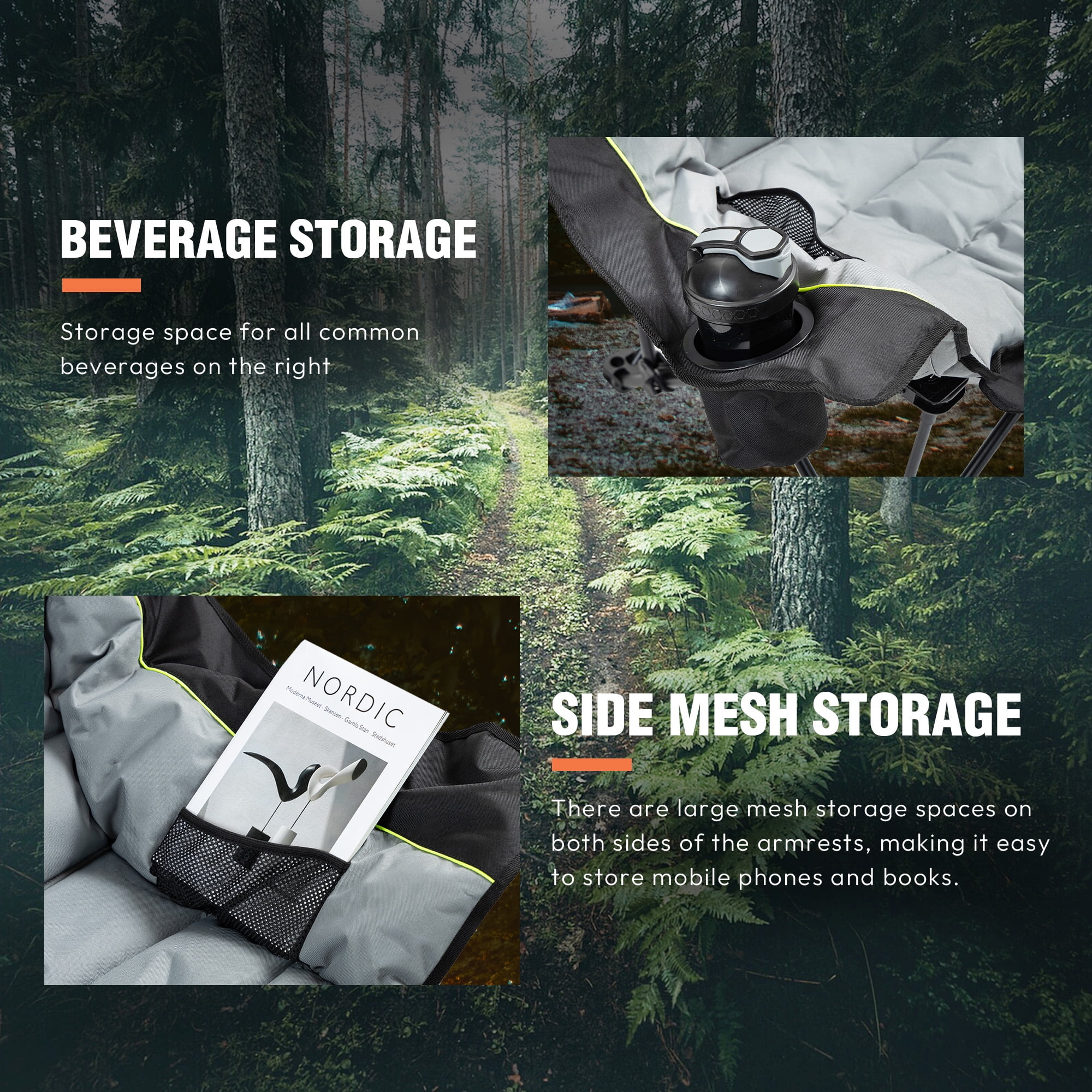 Dowinx Oversized Extra Large Camping Chair for Adults, Lawn Chairs, Folding, 3 Levels Adjustable Padded Camping Chair, Heavy-Duty 600D Oxford Cloth, with Cup Holder, 400 LBS, Black and Grey - Image 7