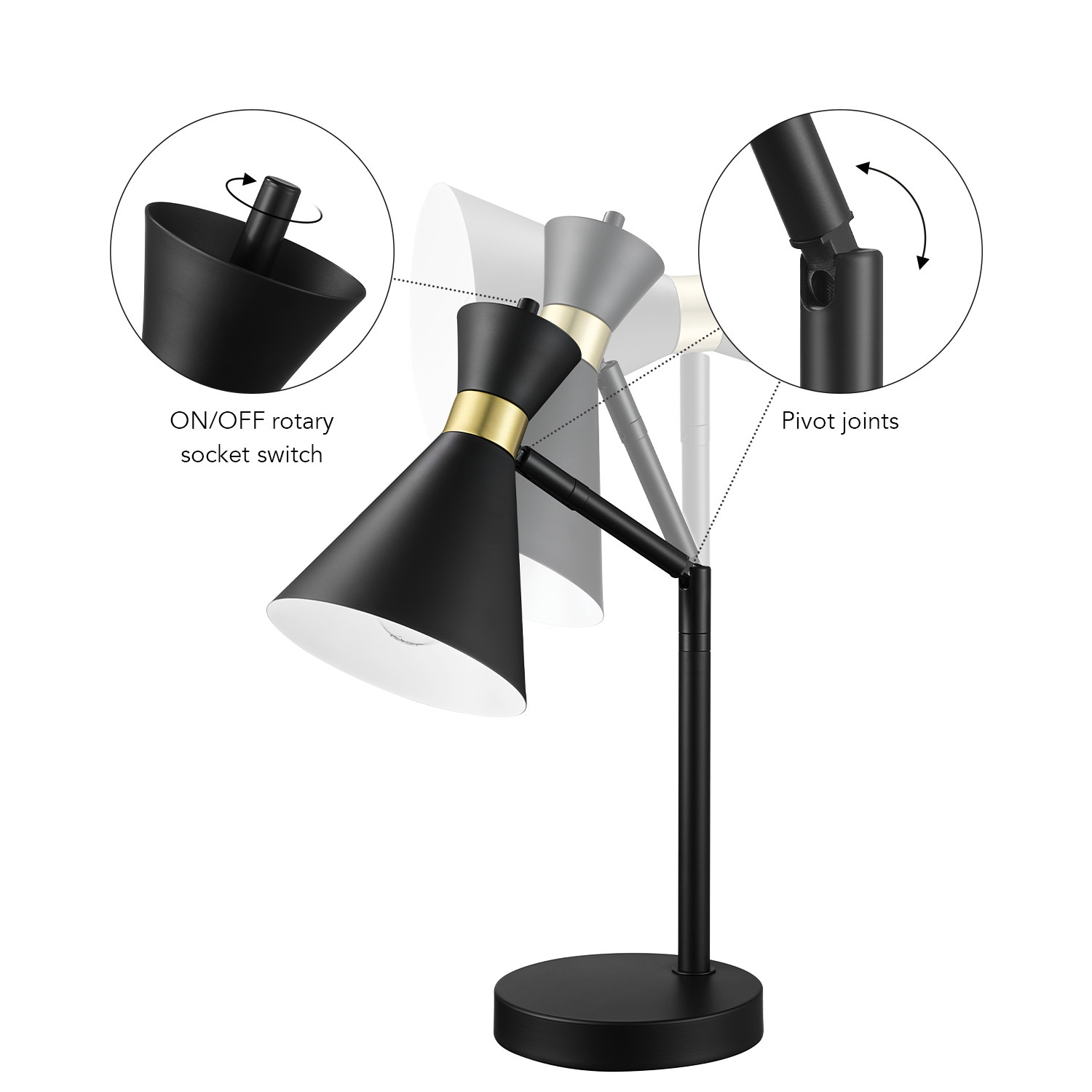 16" Matte Black Desk Lamp with Matte Brass Accents and Metal Shade - Image 7