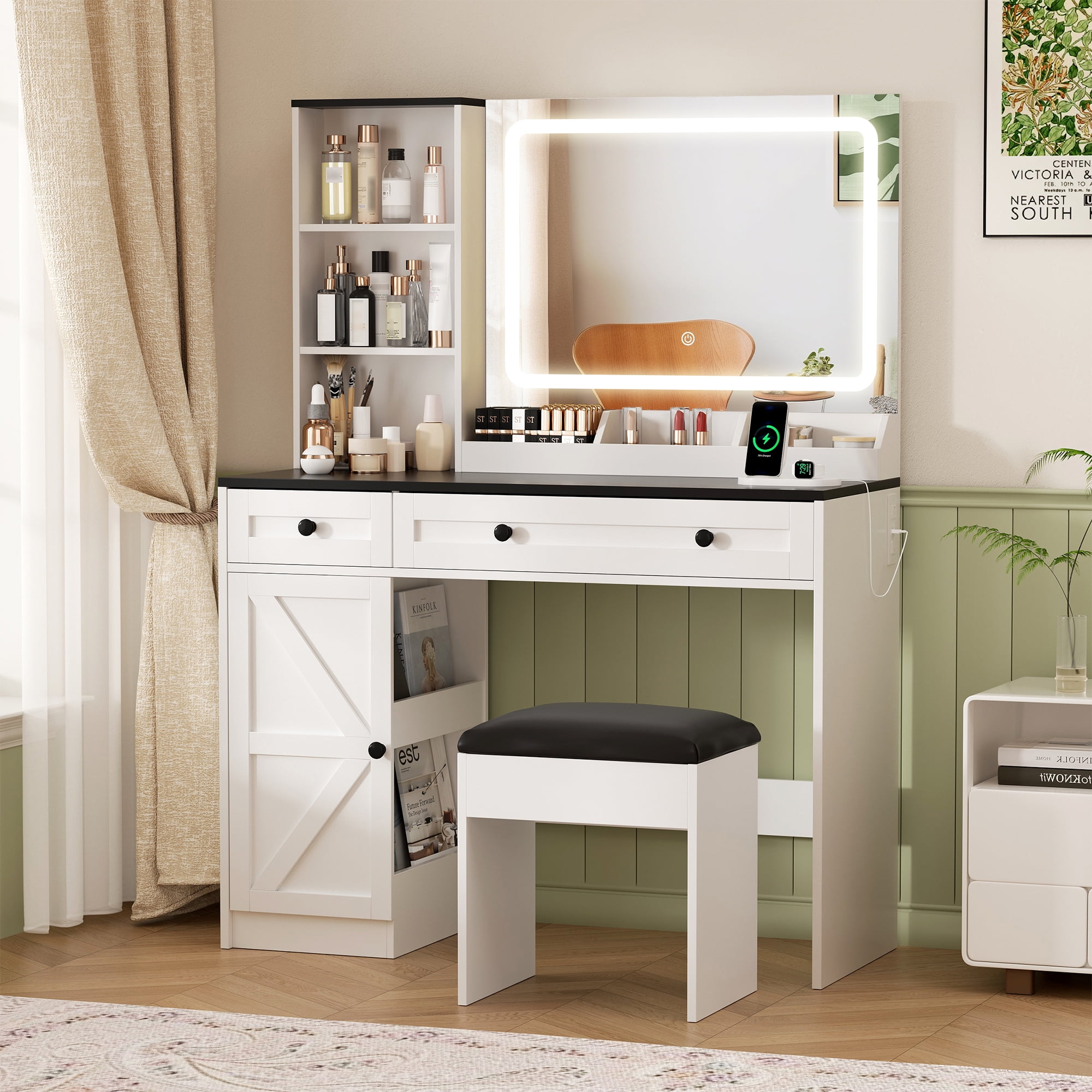 Vabches Vanity Set with Mirror and Lights, Modern Makeup Table with Storage Shelves & Drawers for Bedroom, White - Image 11