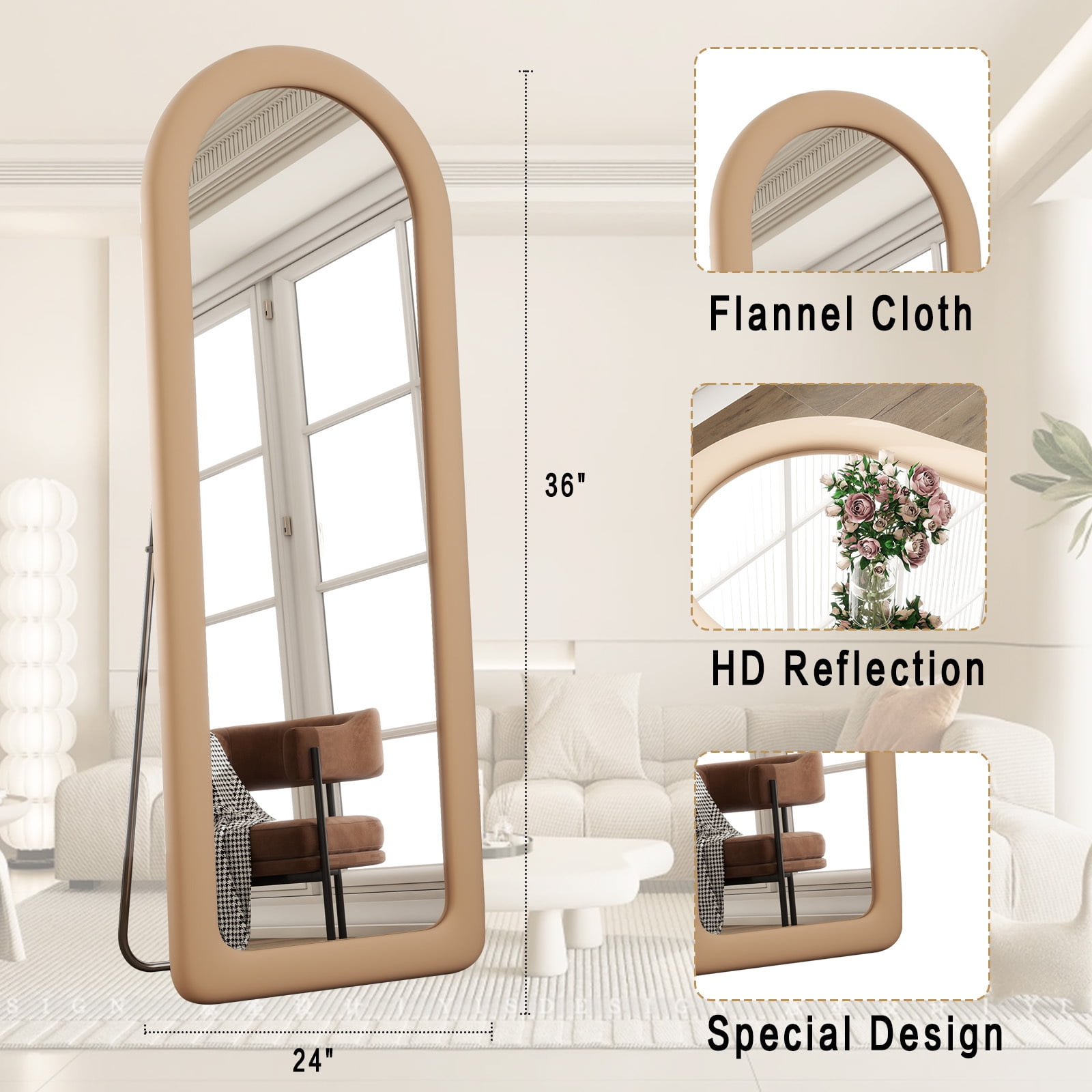 Anyrose 63"x24" Arch-Top Floor Mirror Round-Edge With Thick Flannel Frame, Light Brown - Image 6