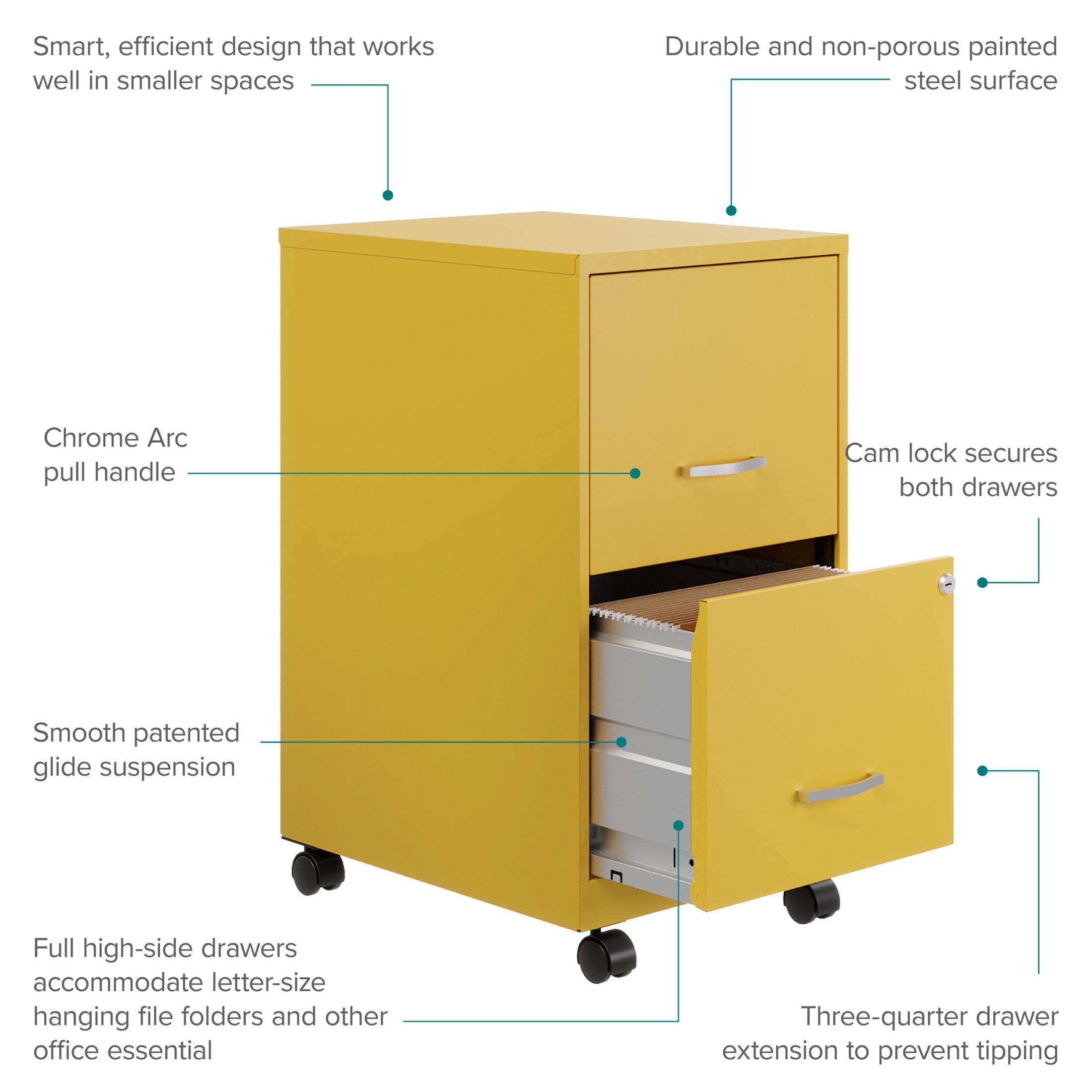 Space Solutions 18" Deep 2 Drawer Mobile Letter Width Vertical File Cabinet, Yellow - Image 8