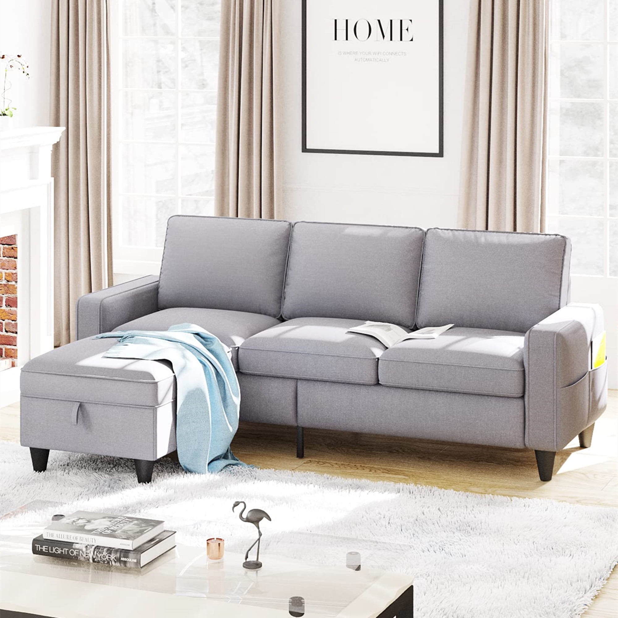 Aukfa 78" Sectional Sofa with Storage Ottoman, L Shape Couch for Living Room, Cotton, Light Gray - Image 6