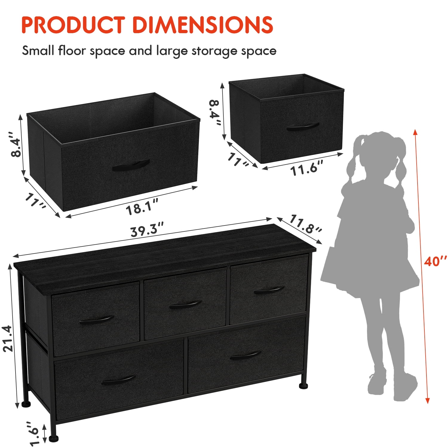 Vineego Dresser for Bedroom with 5 Drawers, Wide Chest of Drawers, Fabric Dresser,Black - Image 5