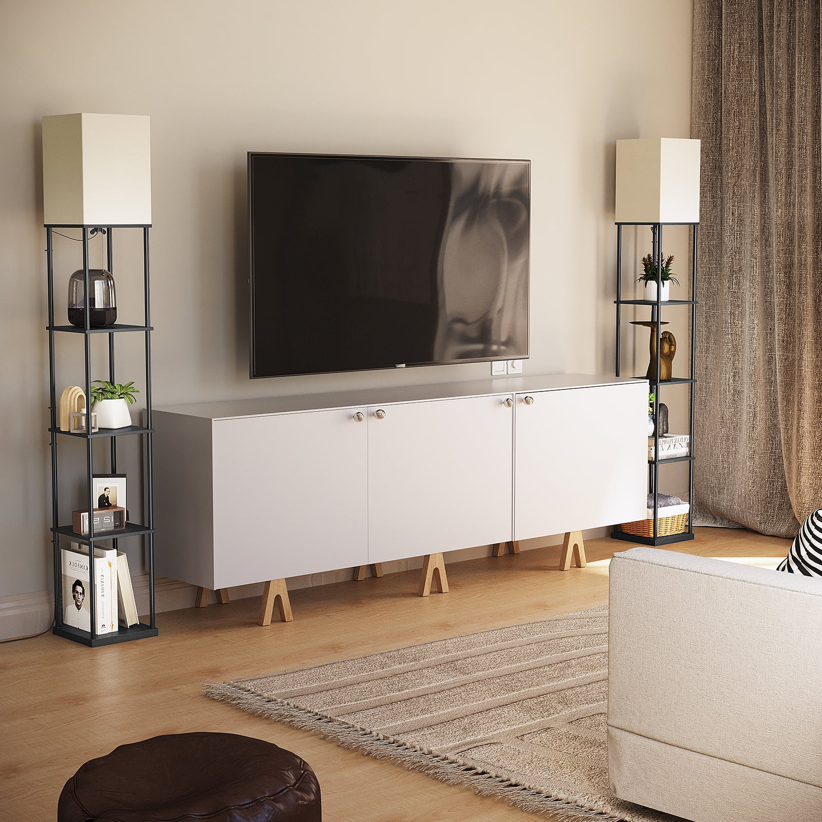 AOHAO 63" Modern Durable Black MDF Floor Lamp with Beige Square Shade - Image 3