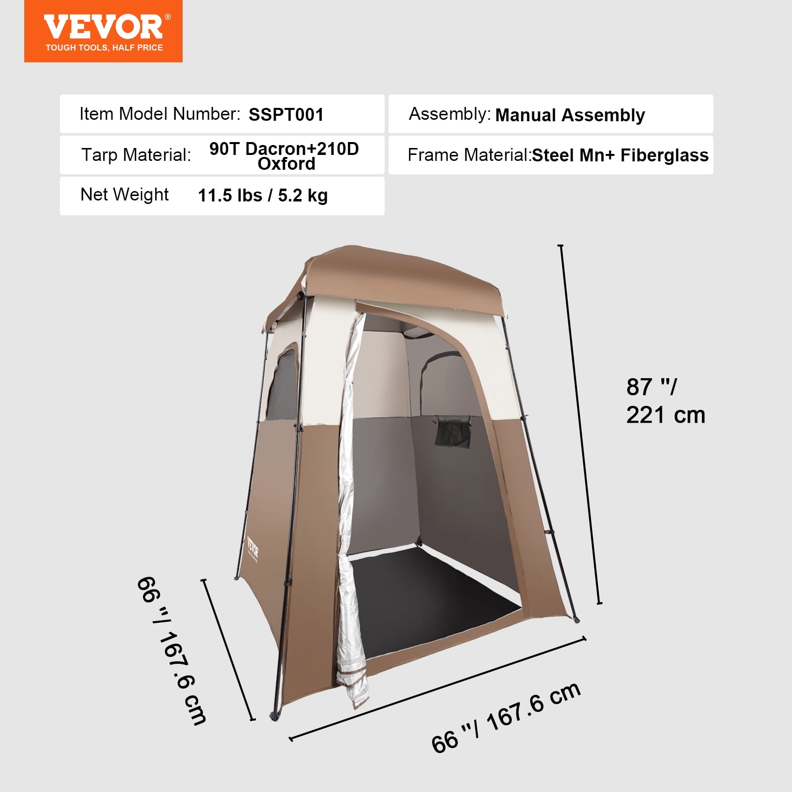 BENTISM Camping Shower Tent, 66" x 66" x 87" 1 Room Oversize Outdoor Portable Shelter, Privacy Tent with Detachable Top, Pockets, Hanging Rope and Clothesline - Image 5