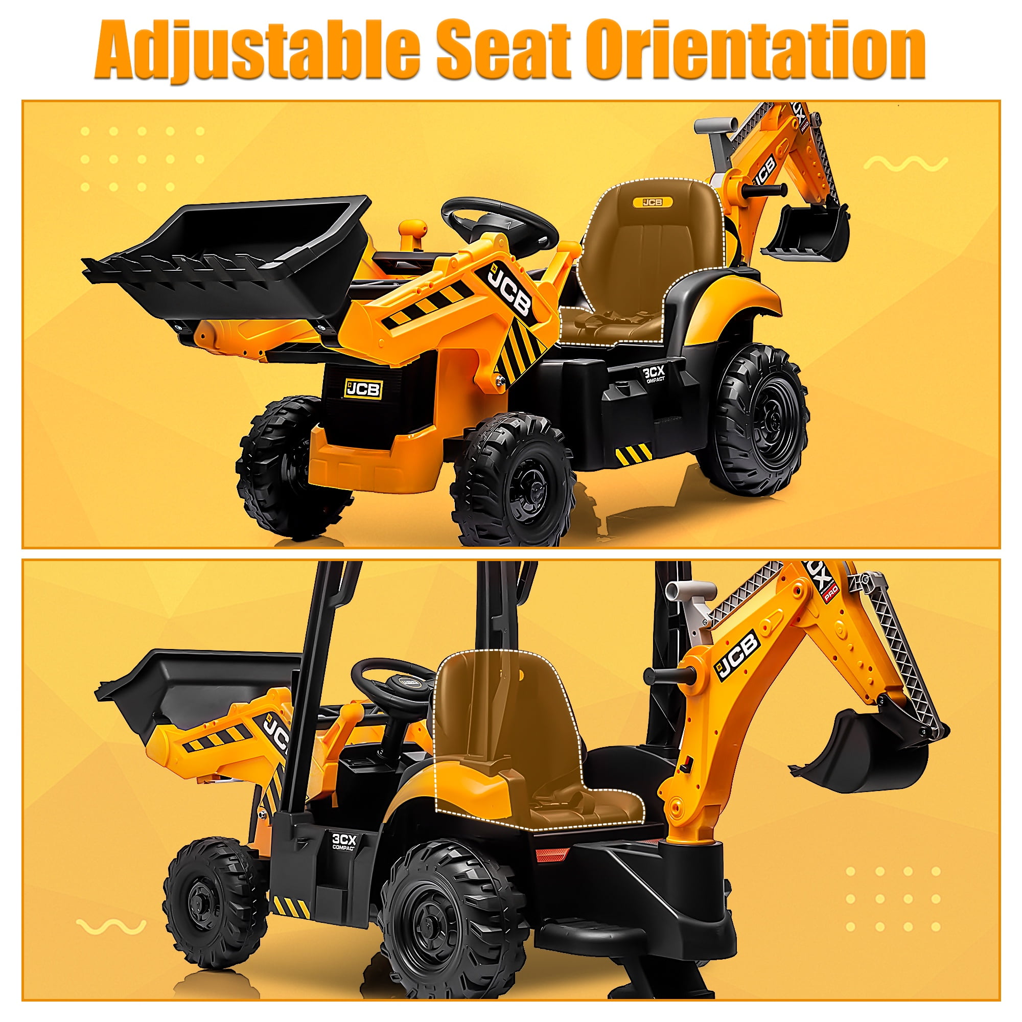 12V Kids Ride on Excavator Digger Toy Cars, JCB Battery Powered Electric Tractor with Remote Control, Ride on Construction Truck w/Adjustable Front/ Back Loader and Shovel for 3-6 Boys Girls, Yellow - Image 4