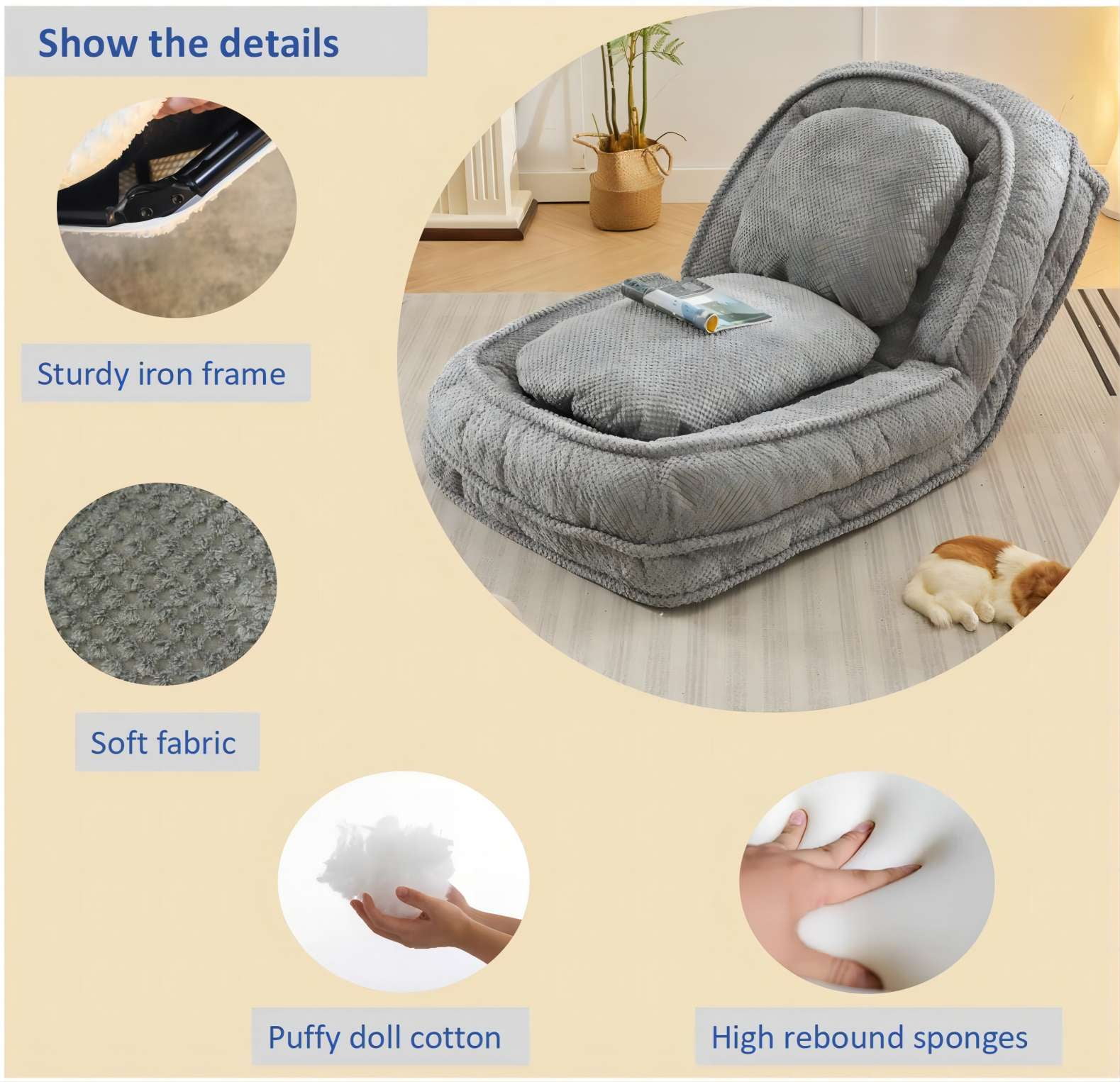 Aukfa Fold Lazy Sofa Bed,Floor Chair Small Couch with 5 Adjustable for Living Room, Gray - Image 6