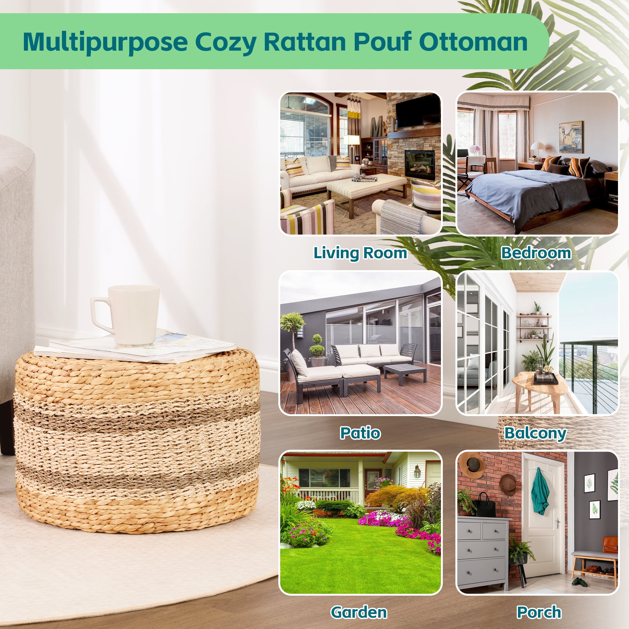 TrumanPick Seagrass Pouf Ottoman 18"x12", Accent Boho Footstool for Indoor Outdoor, Natural - Image 3