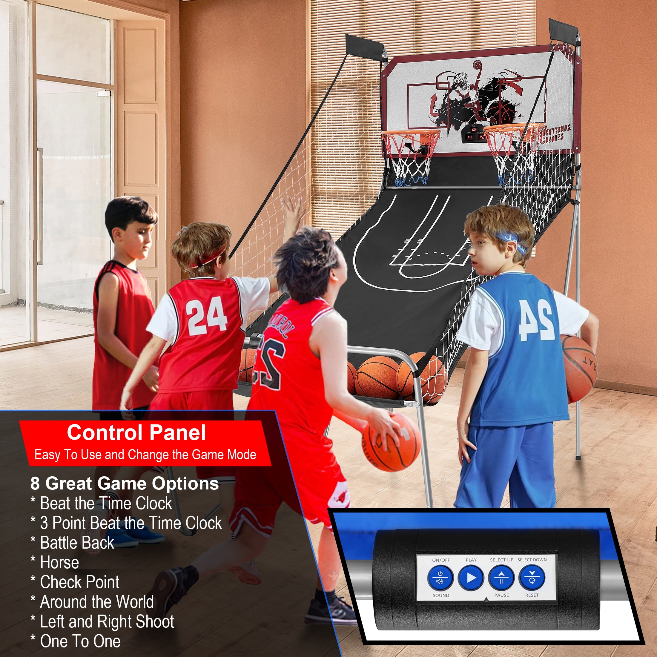 Dual Shot Basketball Arcade Game, Segmart 81"x44" Foldable Indoor Electronic Arcade Basketball Game with 6 Balls, 8 Modes, LED Scoreboard, Air Pump, Battery Powered for Adults, Black - Image 3