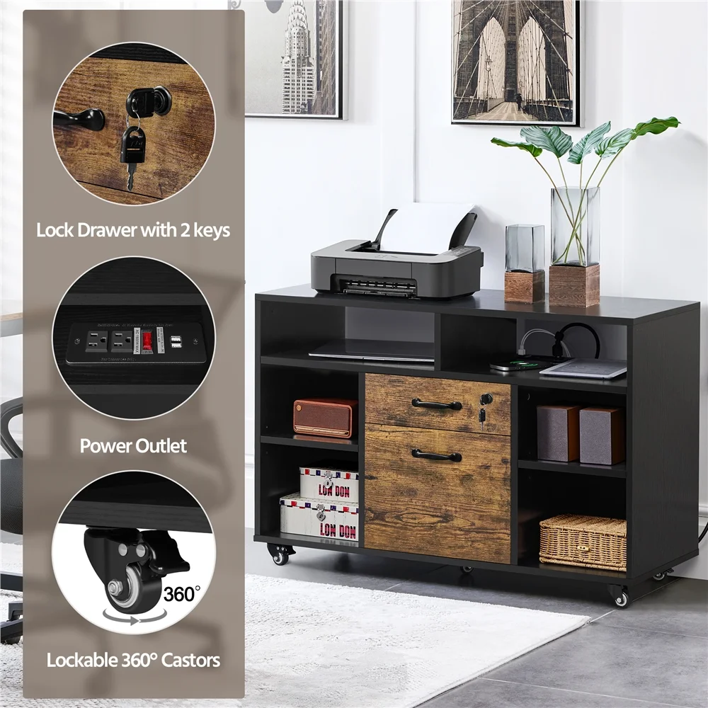 Alden Design Industrial Wooden Rolling File Cabinet with Power Outlet, Black/Rustic Brown - Image 6