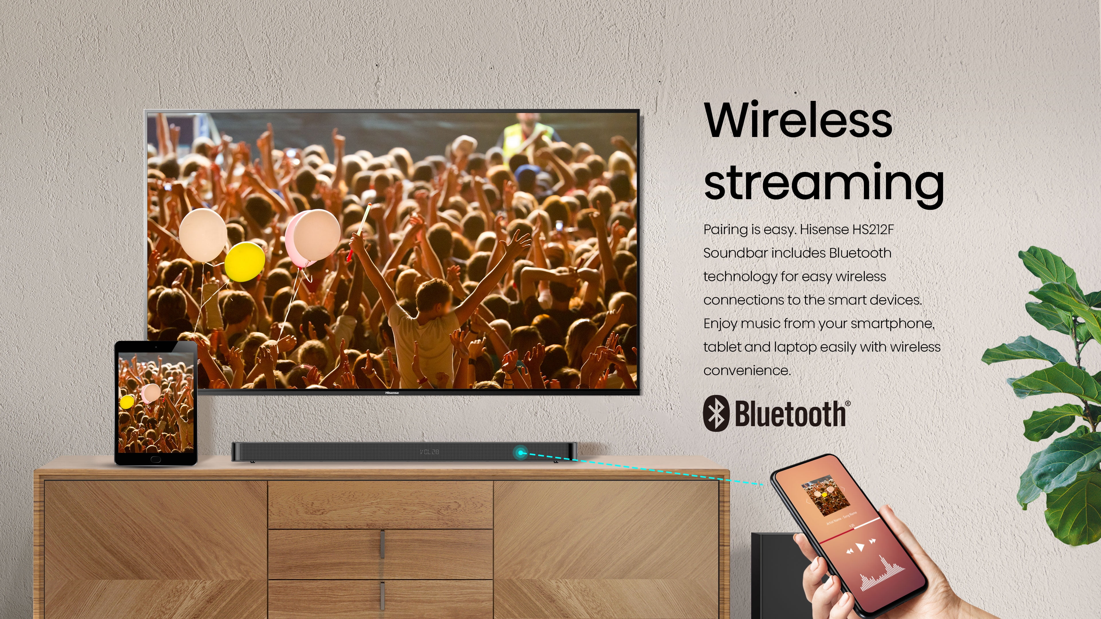 Hisense HS212F 2.1 Channel Sound Bar with Wireless Subwoofer, 120W, Dolby Audio, Pure Surround, Ezplay Support, Roku TV Ready, Bluetooth, HDMI ARC/Optical/AUX/USB (Model HS212F) Black - Image 11