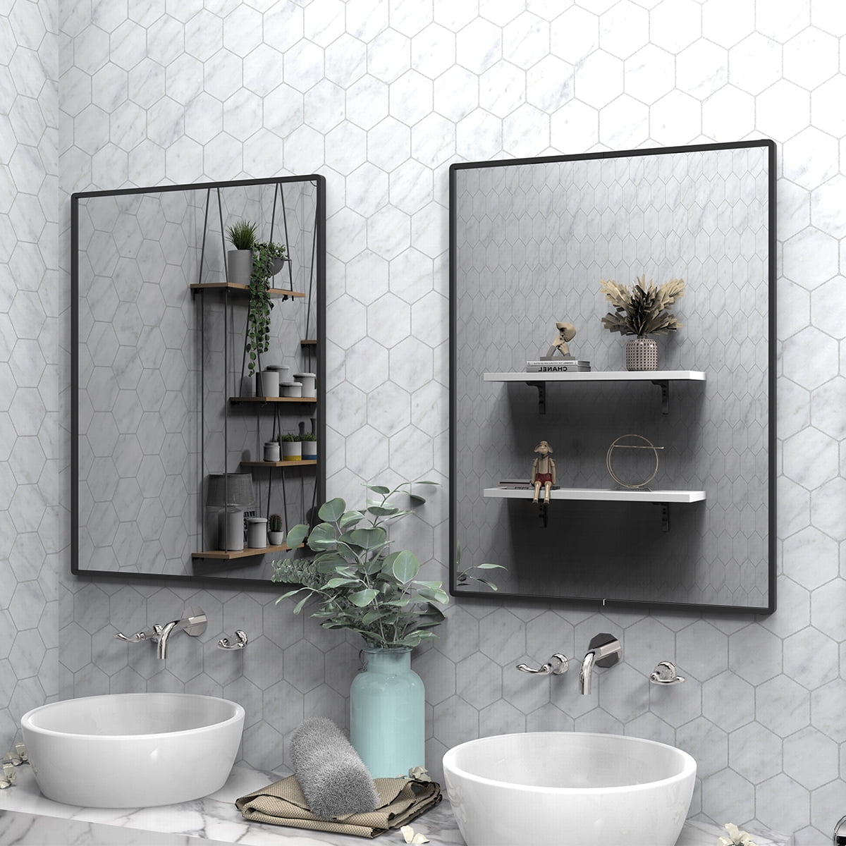 ANYHI Rectangular Bathroom and Living Room Metal Wall Mirror with Shelf, Metal Wall Mirror with Shelf,32"*4.7"*24.4" - Image 7