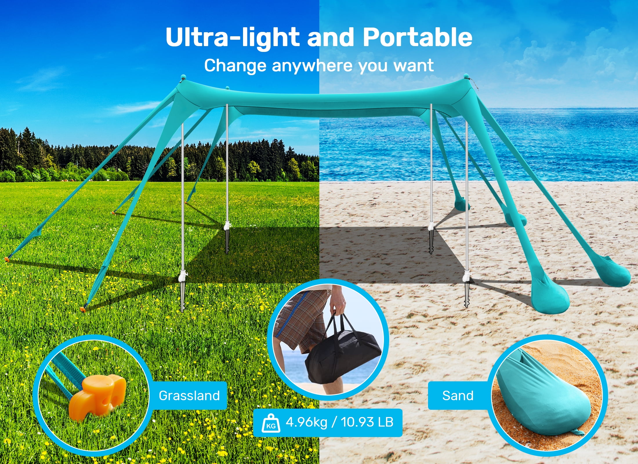 VECUKTY Beach Tent Sun Shelter 10 x 10FT with 8 Sandbags, UPF 50+ Protection Beach Shade Canopy, Outdoor Pop Up Shade Tent Turquoise - Image 4