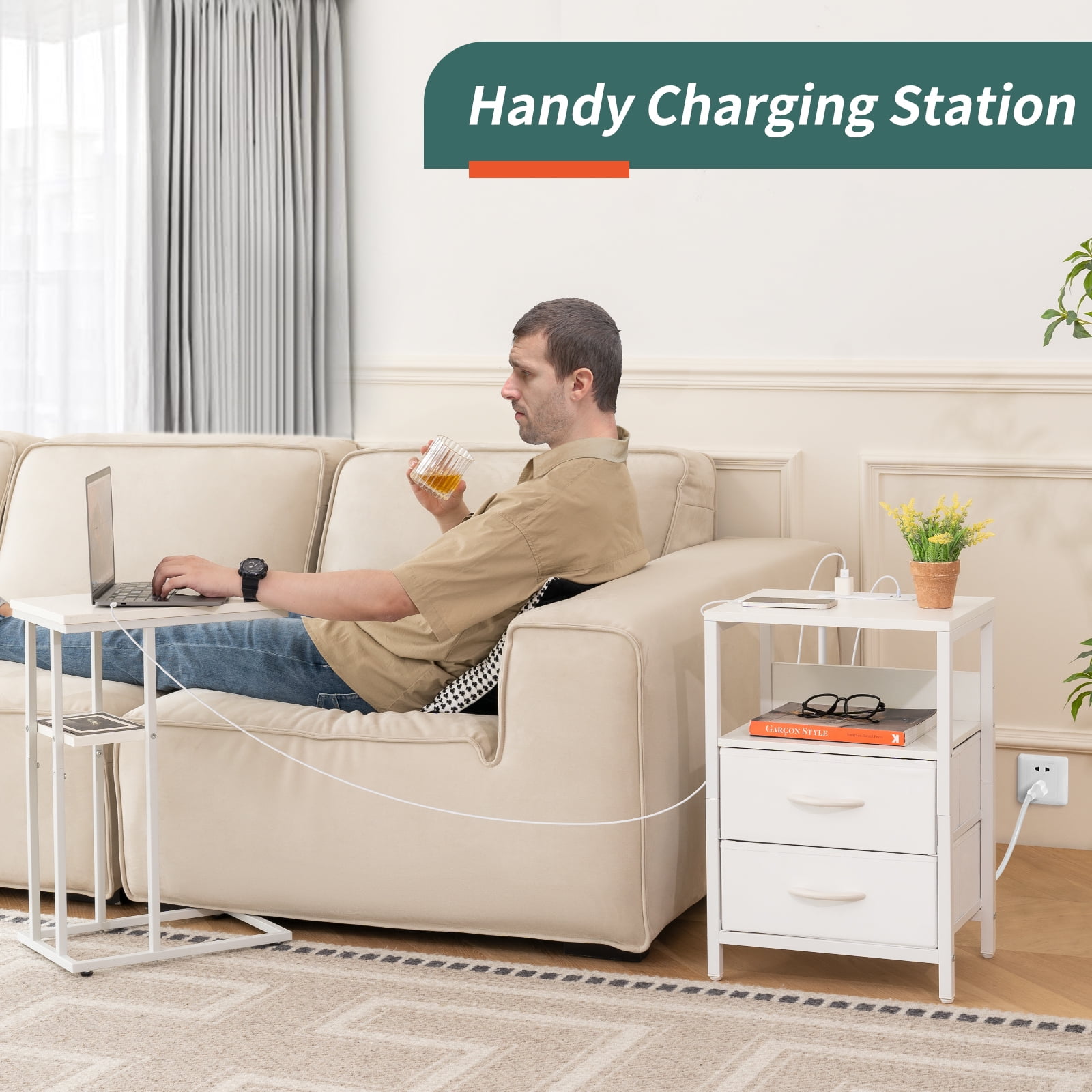 Yoobure Nightstand with Charging Station, Small Night Stand Fabric Drawers and Storage Shelf for Bedrooms, Nightstands Spaces, Bedside Table USB Ports & Outlets - Image 5