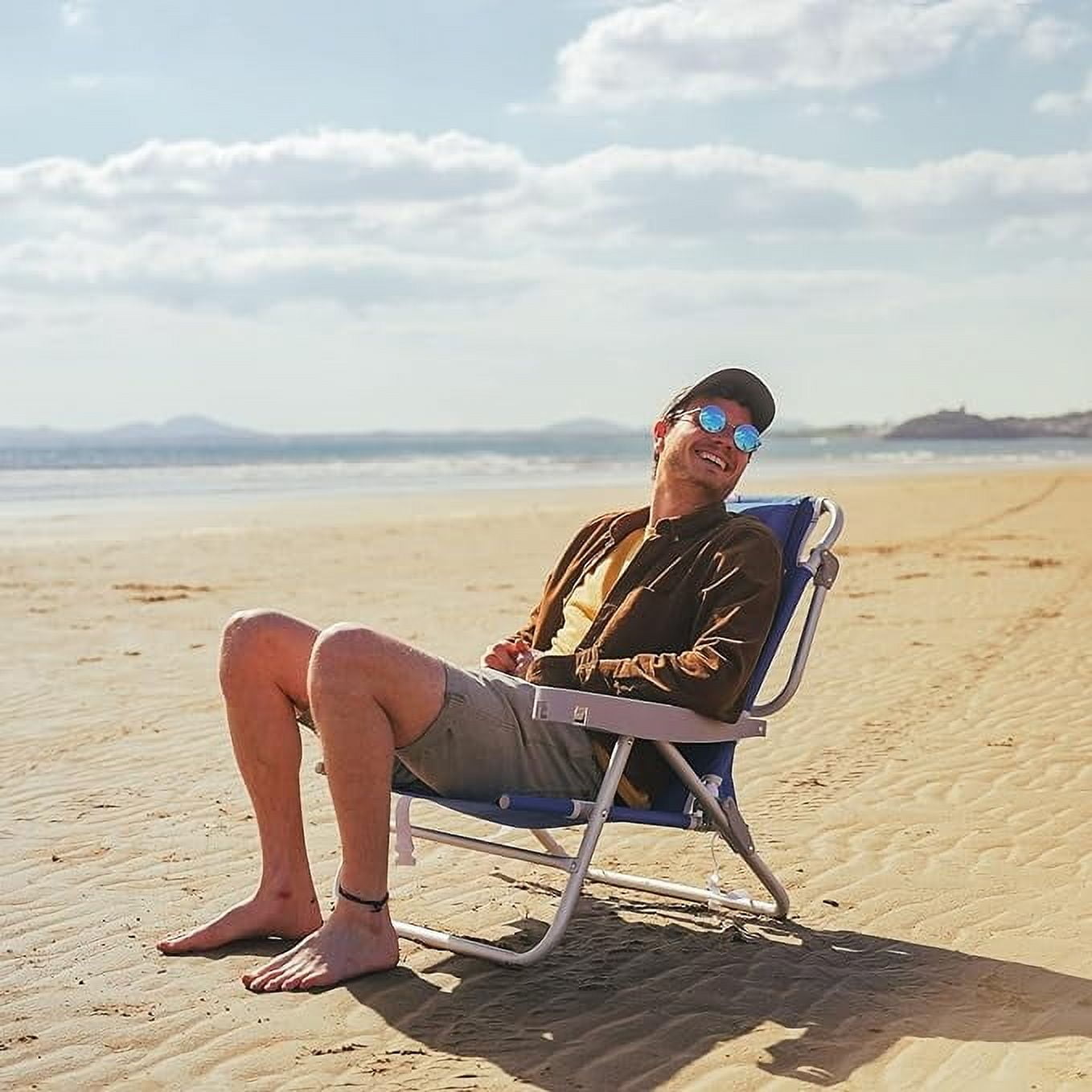 "Sunnyfeel Reclinable 28"" Low Beach Chair, 5 Position Lay Flat, XL Portable Folding Camping Chair, Navy Blue" - Image 4