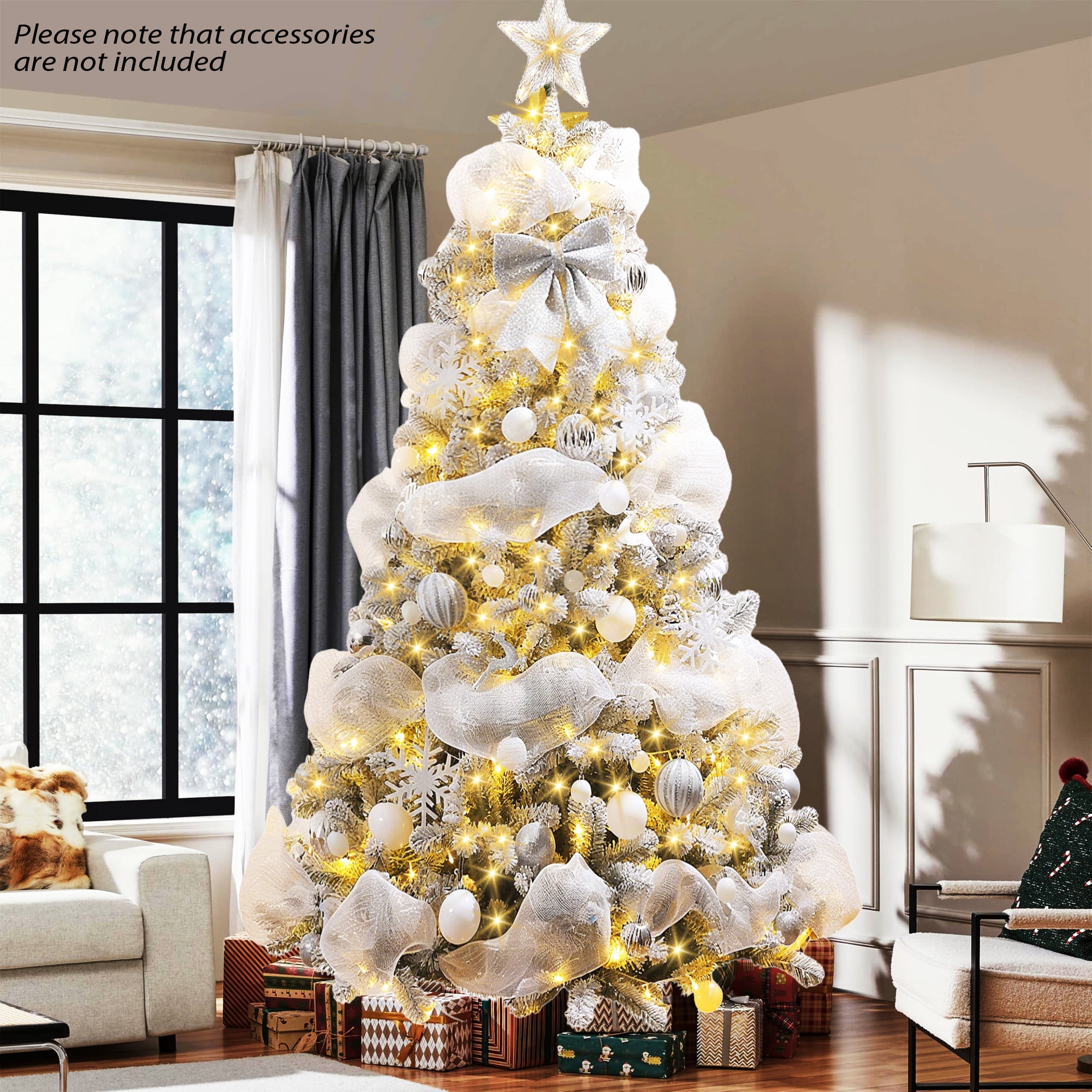 IZNEN 7.5ft Pre-Lit Snowflake Flocked Christmas Tree,8 Modes LED Lights,Artificial Xmas Tree with Storage Bag - Image 4