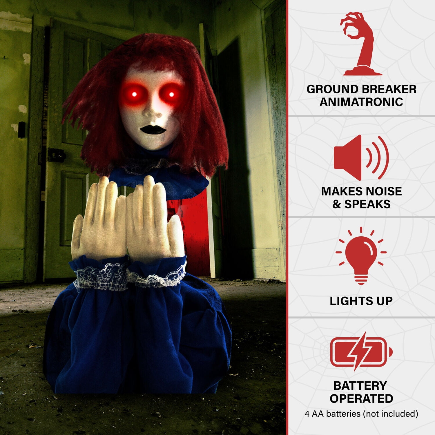 Haunted Hill Farm 27 in Pop-Up Animatronic Haunted Doll, Indoor/Outdoor Halloween Decoration, Red Flashing Eyes, Noises, Battery-Operated, HHFJGIRL-2LSA - Image 6