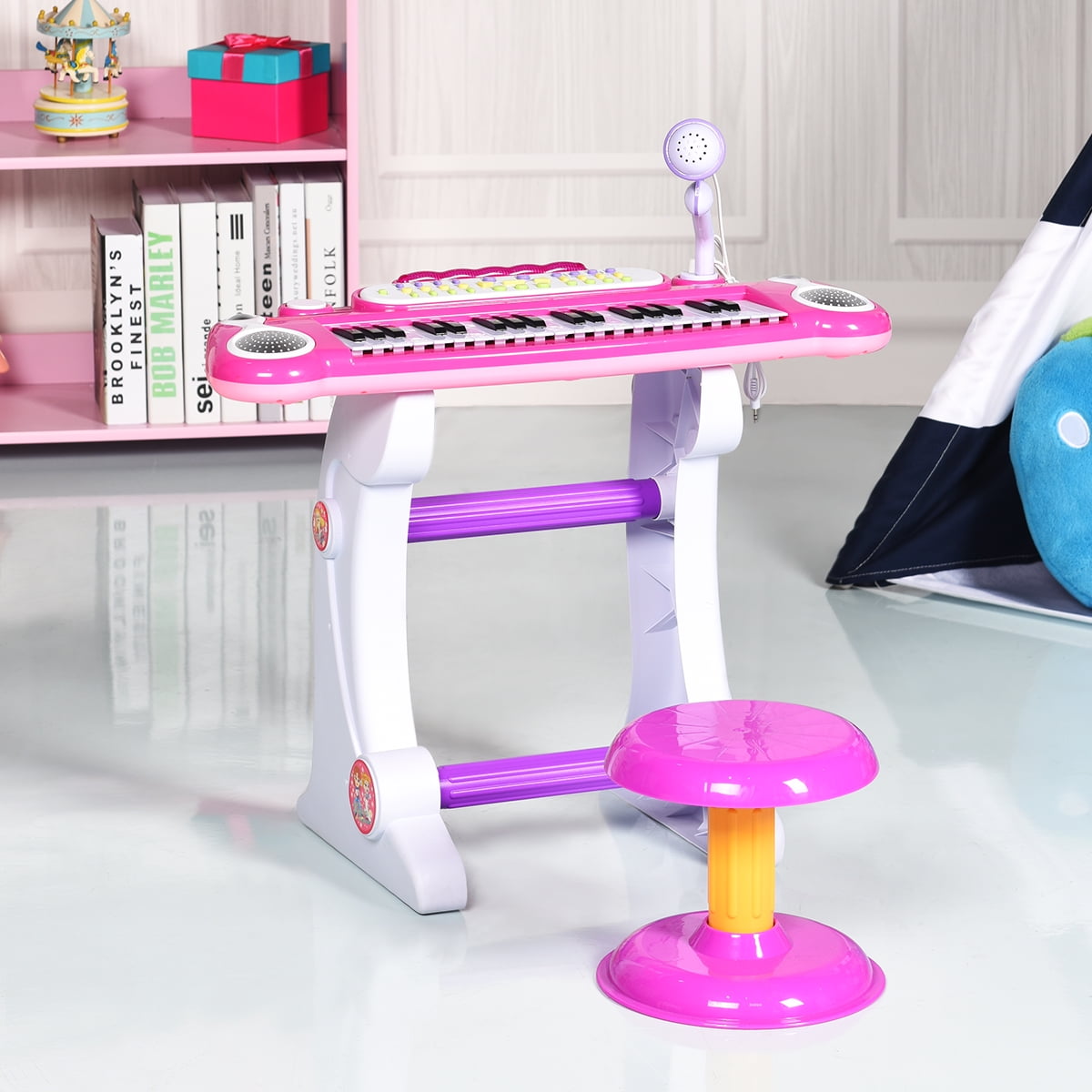 Gymax Kids Electronic Keyboard Piano MP3 Input 37 Key Microphone Stool Toy - Image 5