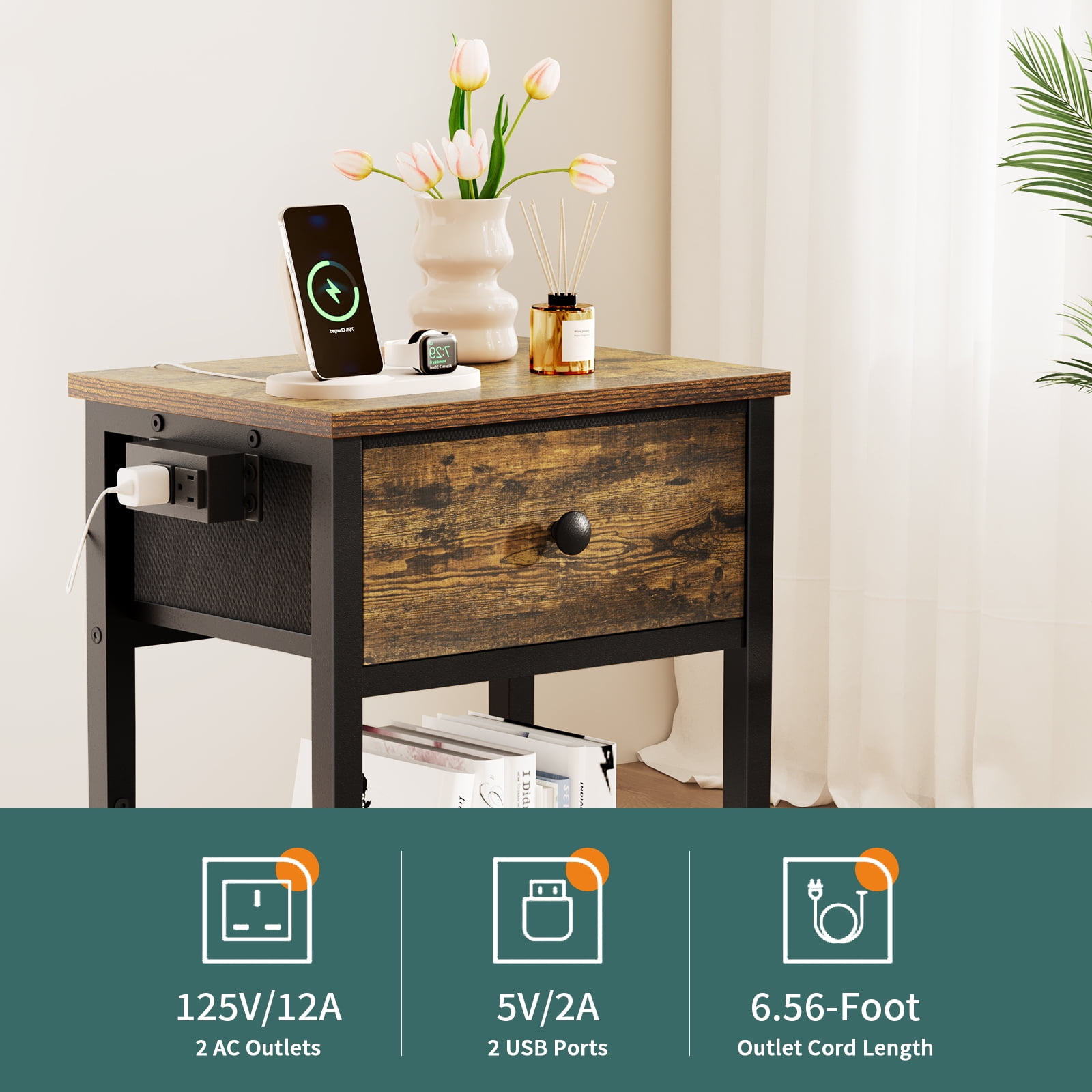 Yoobure Nightstand with Charging Station, Side Table with Large Drawer and Storage Shelf, Rustic Bedside Tables with USB Ports & Outlets for Bedroom,Living Room - Image 3