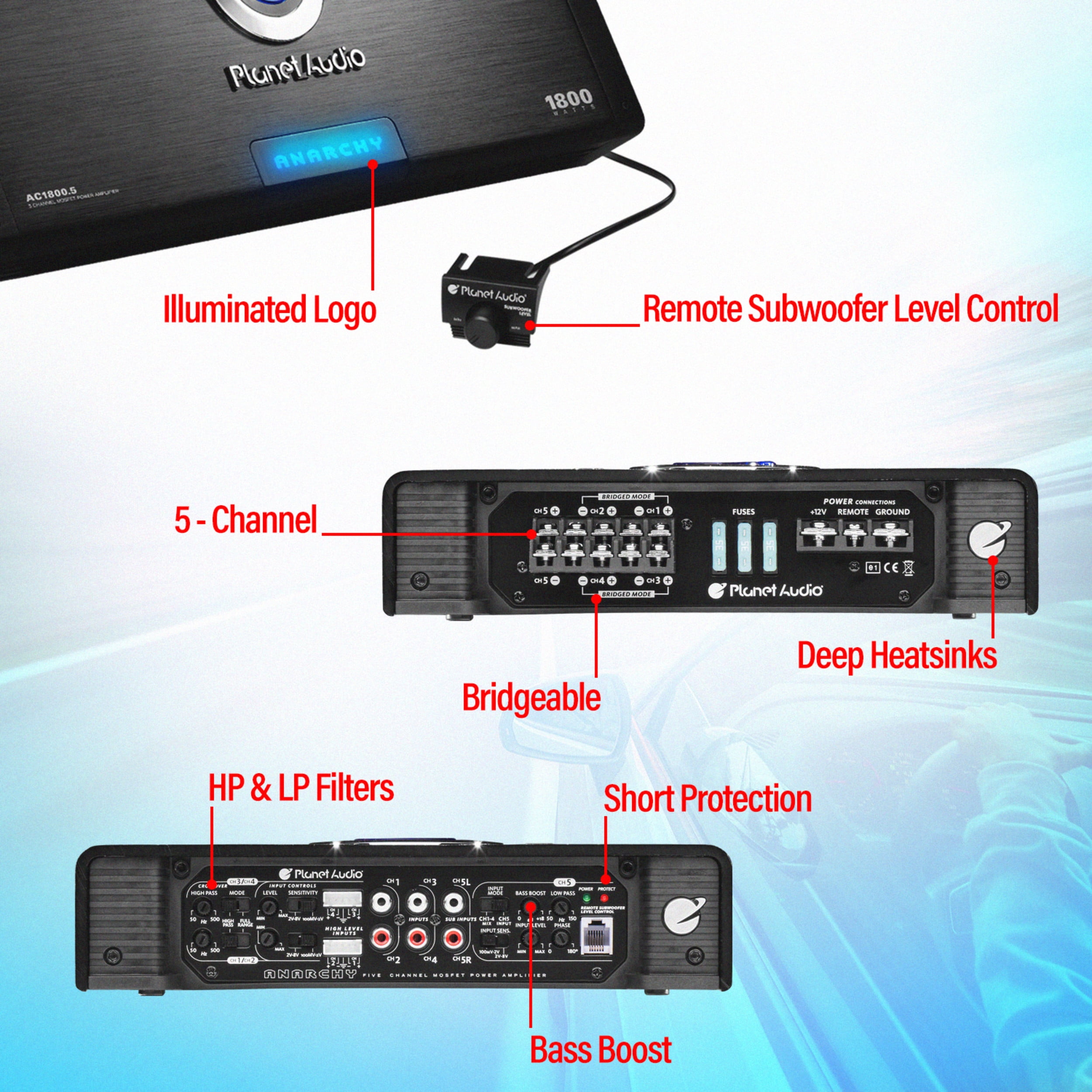 Planet Audio AC1800.5 1800 Watt 5 Channel Car Amplifier, Full Range, Bridgeable - Image 3