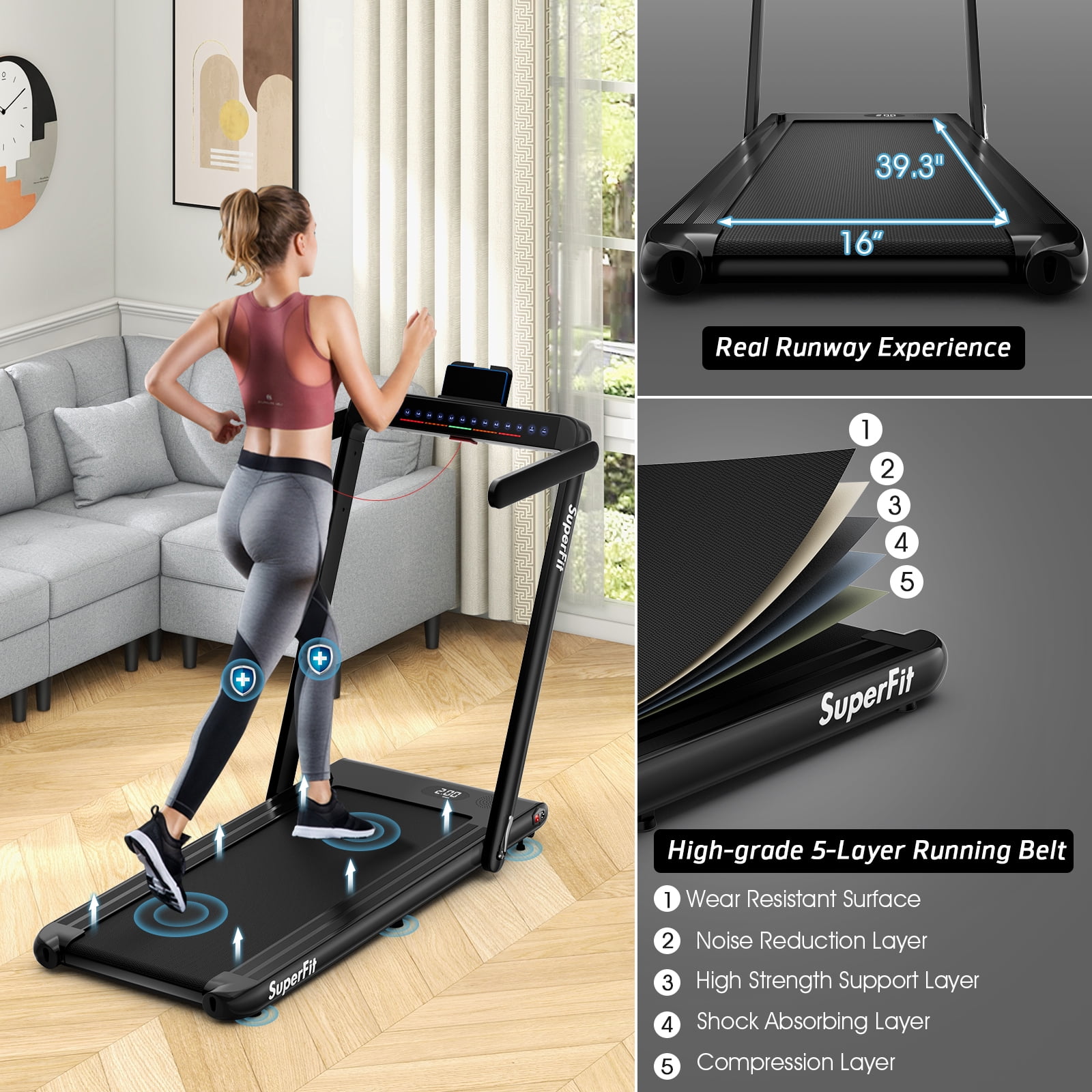 SuperFit Up To 7.5MPH 2.25HP 2 in 1 Dual Display Screen Treadmill Jogging Machine W/APP Control Black - Image 5
