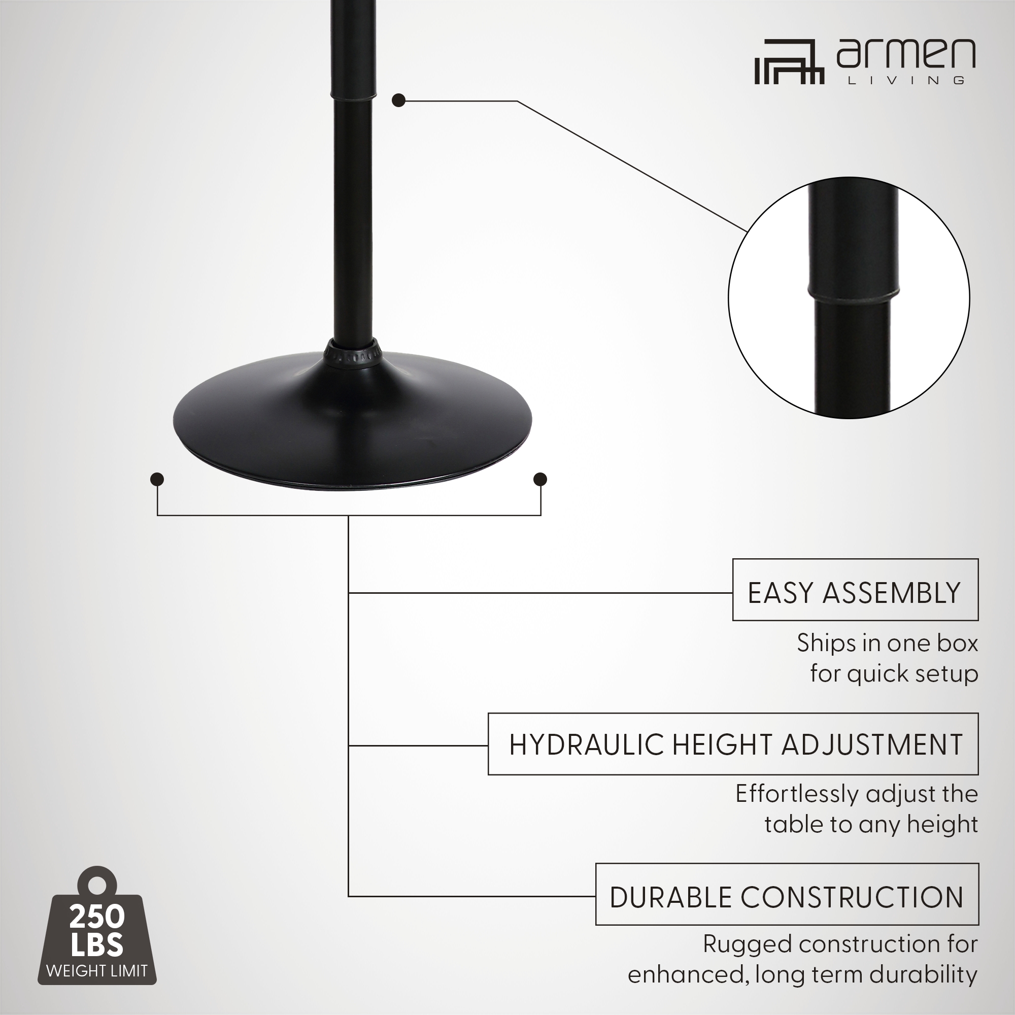 Armen Living Bentley Modern Swivel Adjustable Height Pub Table in Black Wood and Metal - Image 5