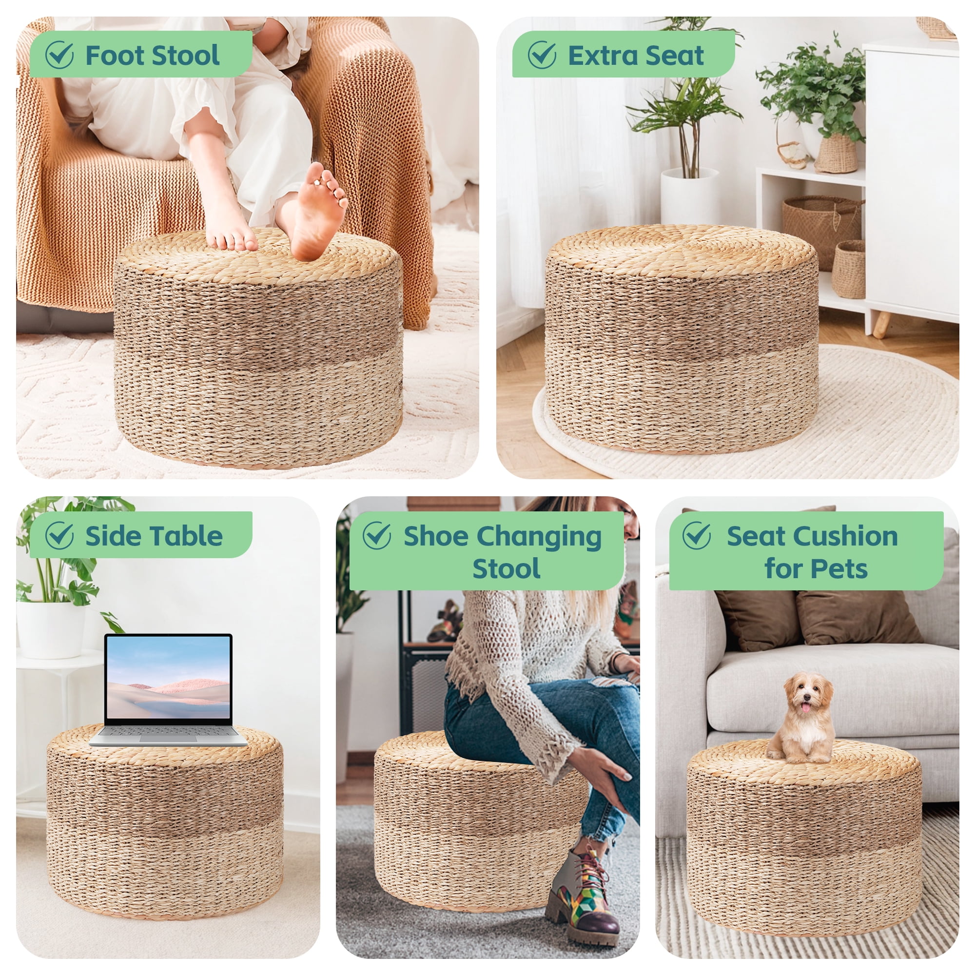 TrumanPick Pouf Ottoman Set of 2 Handwoven Rattan Footrest Boho Footstool 12"H x 18"W Load 350 lbs, Natural - Image 4
