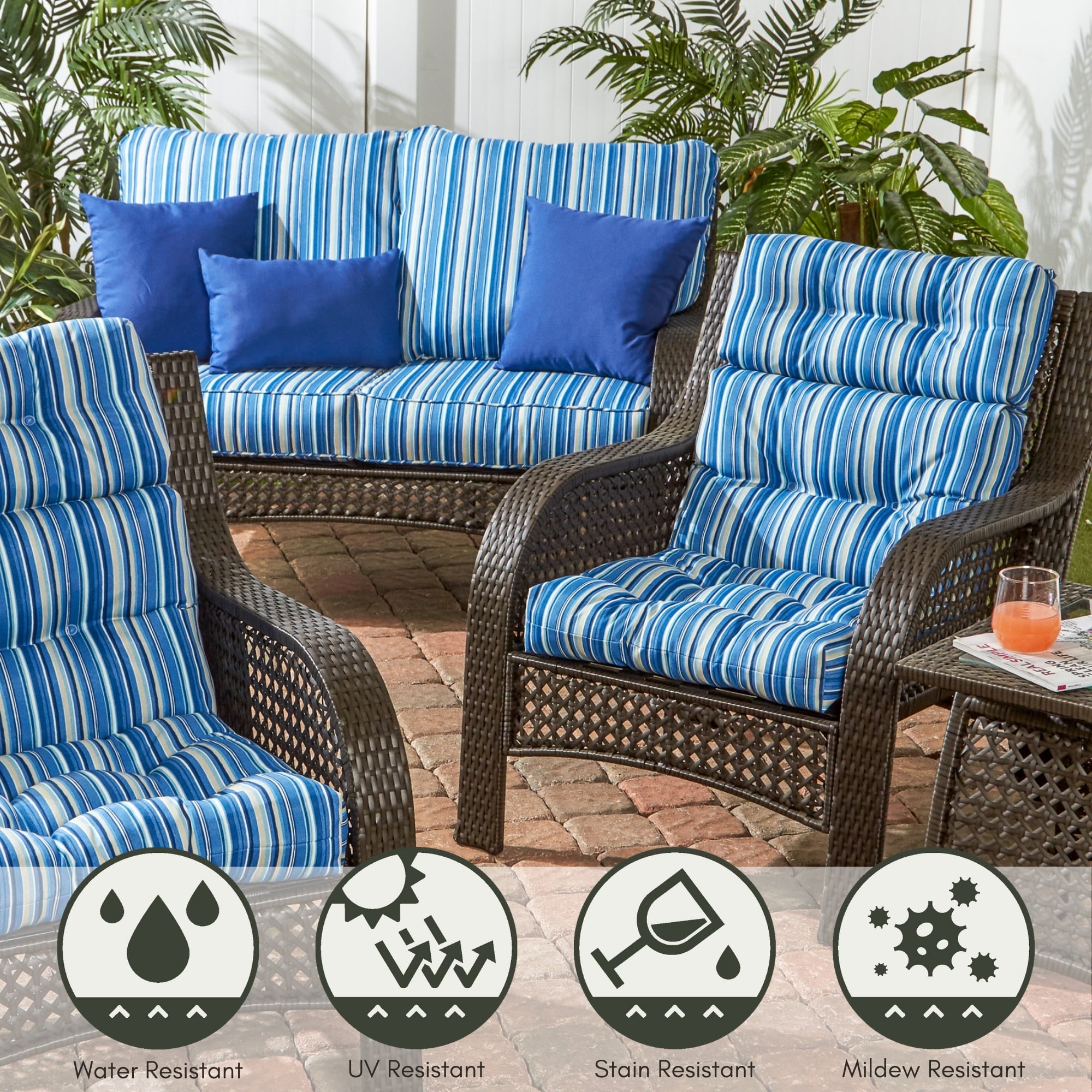 Sapphire Stripe 44 x 22 in. Outdoor High Back Chair Cushion (2-Pack) by Greendale Home Fashions - Image 3