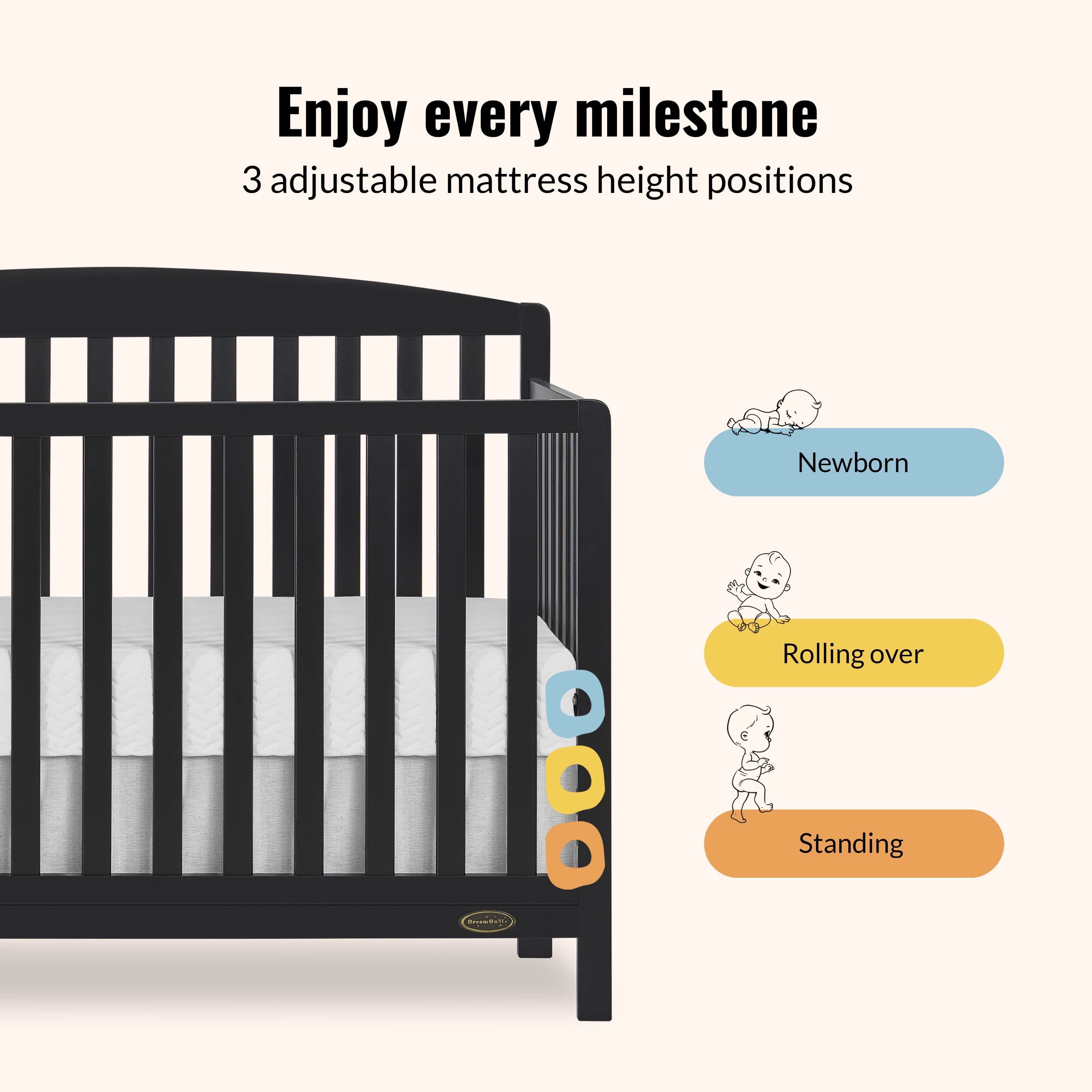 Dream On Me Odelle 5-in-1 Convertible Crib, Converts from Baby Crib to Toddler Bed, Day Bed, Kids Bed and Full Size Bed, Three Adjustable Mattress Height Positions, Matt Black - Image 4