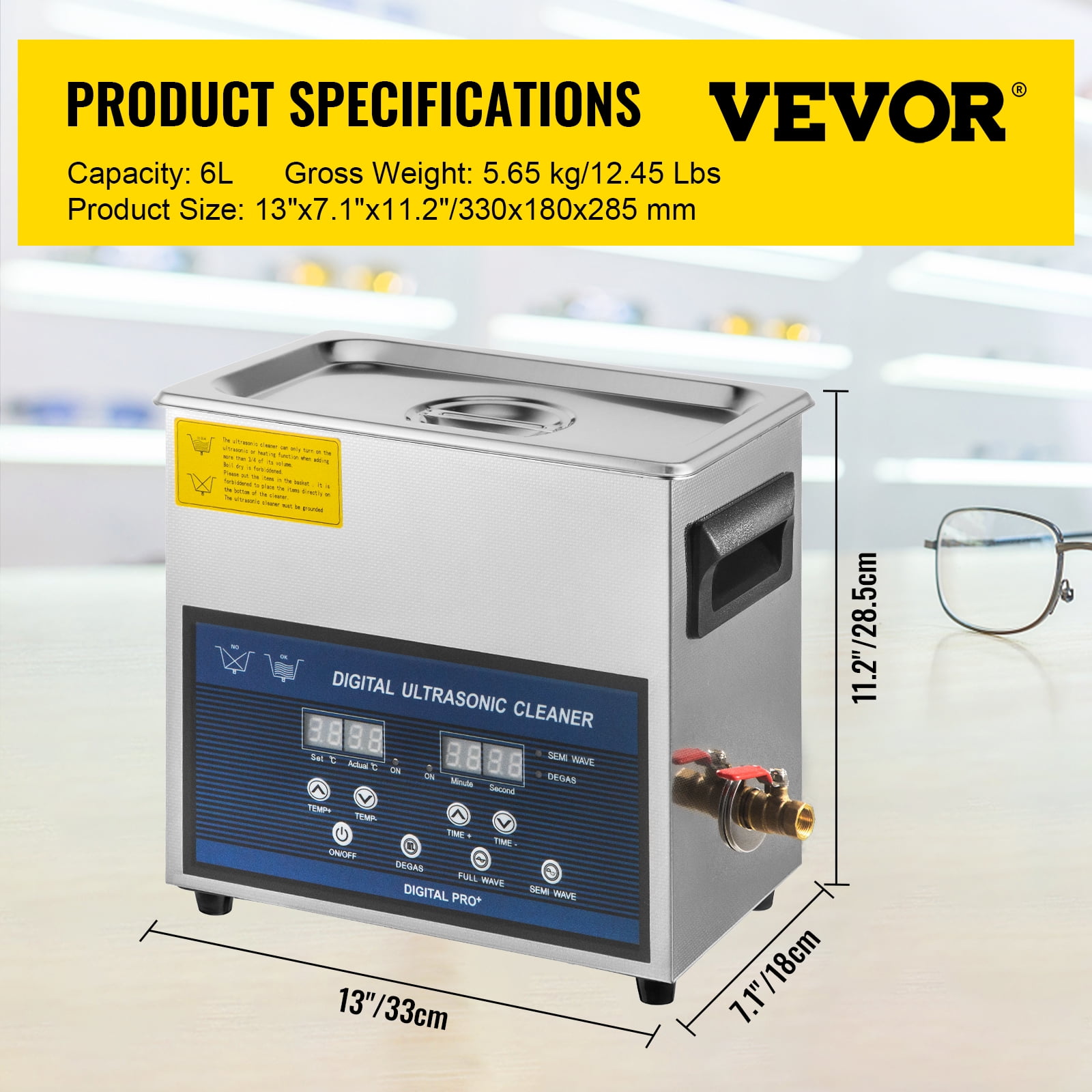 VEVOR 6L Ultrasonic Cleaner 28/40khz Dual Frequency Ultrasonic Cleaner Stainless Steel Digital Lab Ultrasonic Cleaner with Heater Timer for Watch Glasses Small Parts Dental Instruments Cleaning - Image 9