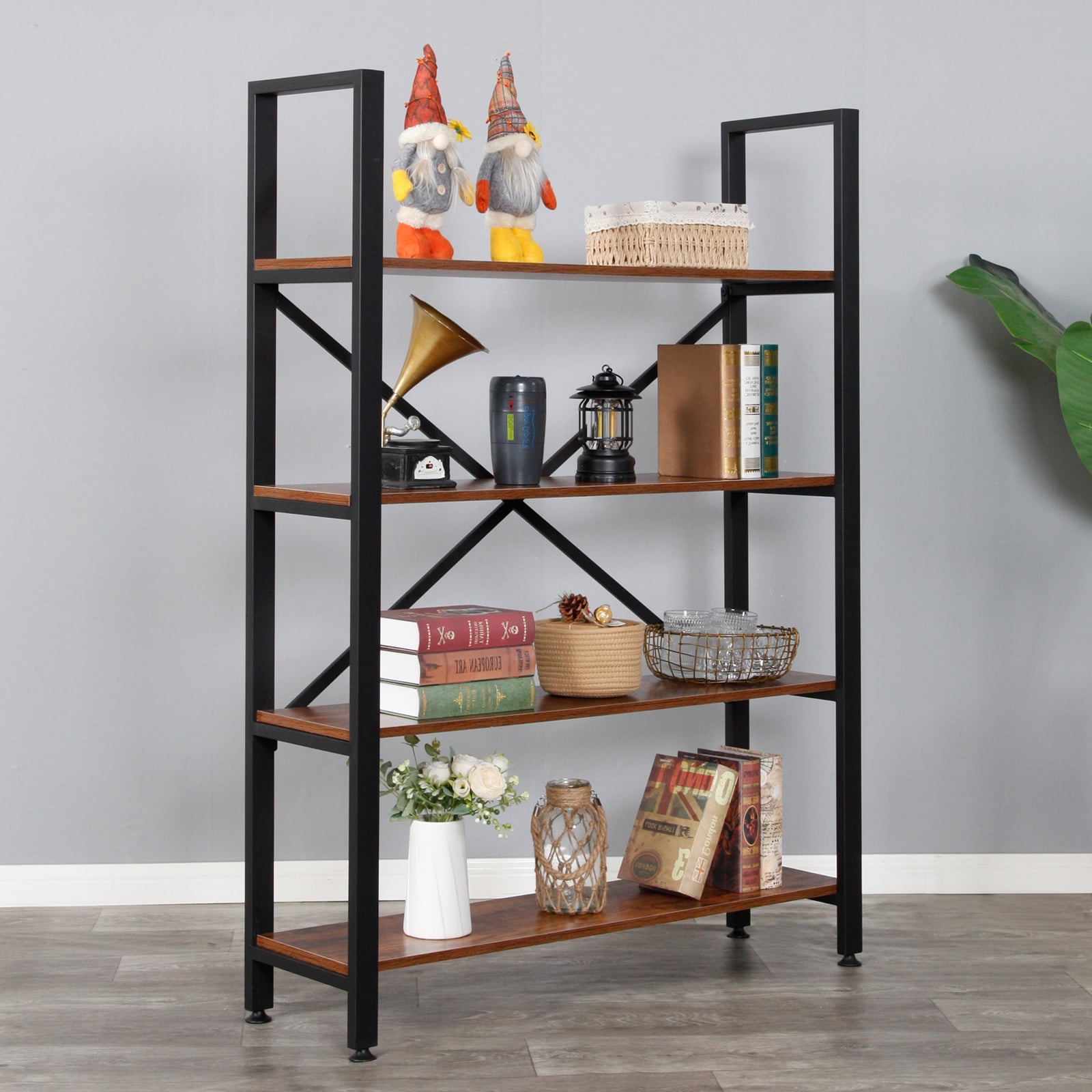 V.ZQLAMZ Rustic Industrial 4-Tier Bookcase, 55” High, Brown Metal Frame Display Rack - Image 6