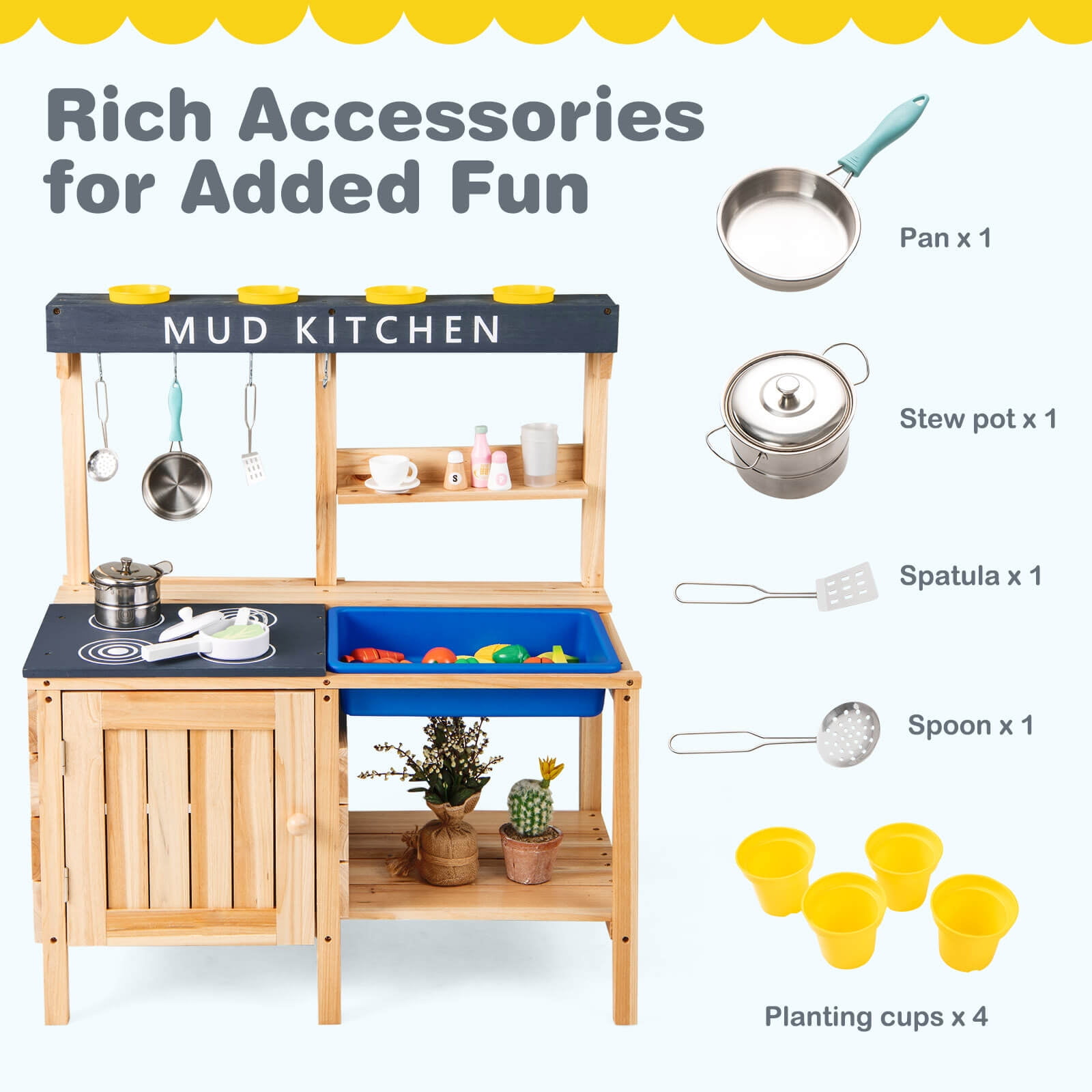 Costway Kids Kitchen Playset Wooden Outdoor Mud Kitchen Pretend Play Toy W/ Kitchenware - Image 8