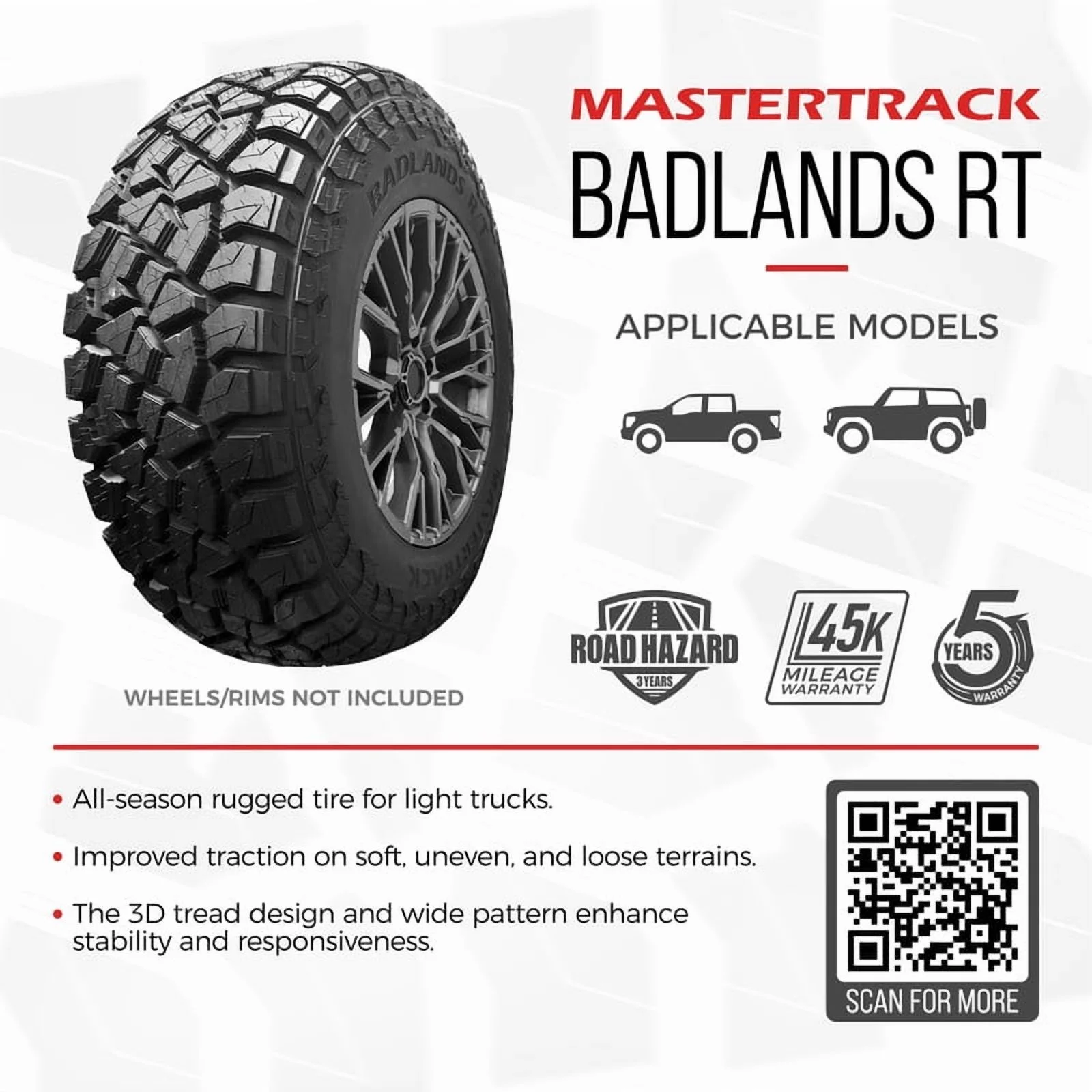 Mastertrack BADLANDS RT Rug Terrain LT285/70R17 285/70R17 10 Ply 126/123Q E SUV Light Truck Tires - Image 7