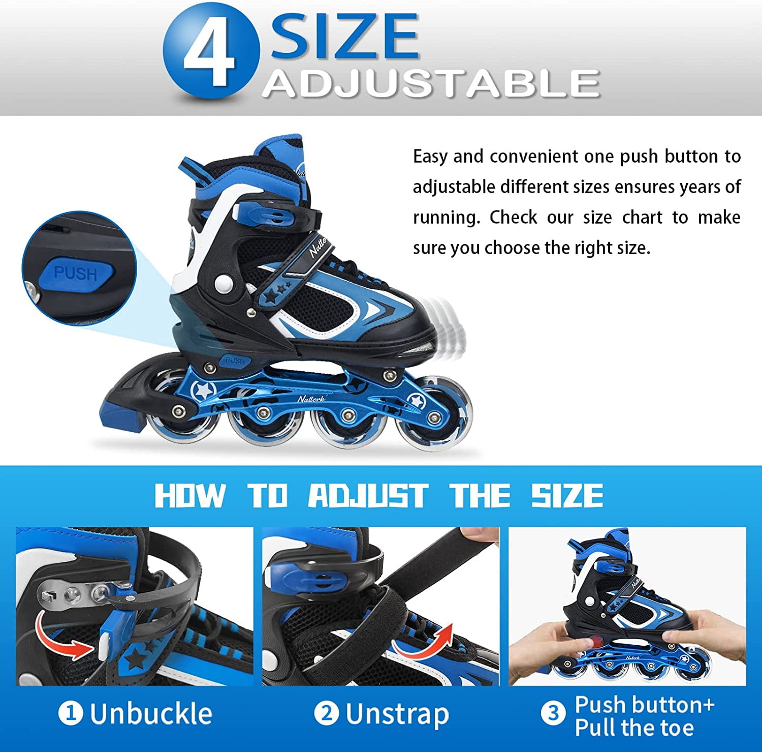 SubSun Kids Boys Inline Skates Adjustable Blades Skate Light up Wheels Blue Size M - Image 6