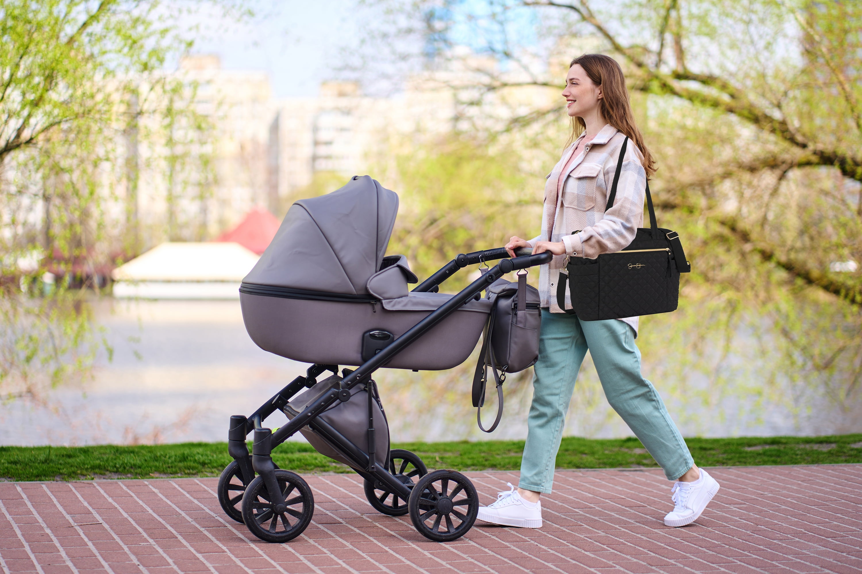 Jessica Simpson Large Black Diamond Stylish Quilted Multi-Pocket Dual Zipper Closure Fashion Diaper Bag Travel Tote Satchel with Luggage Strap, Running Cheetah Print Interior & Changing Pad - Image 5