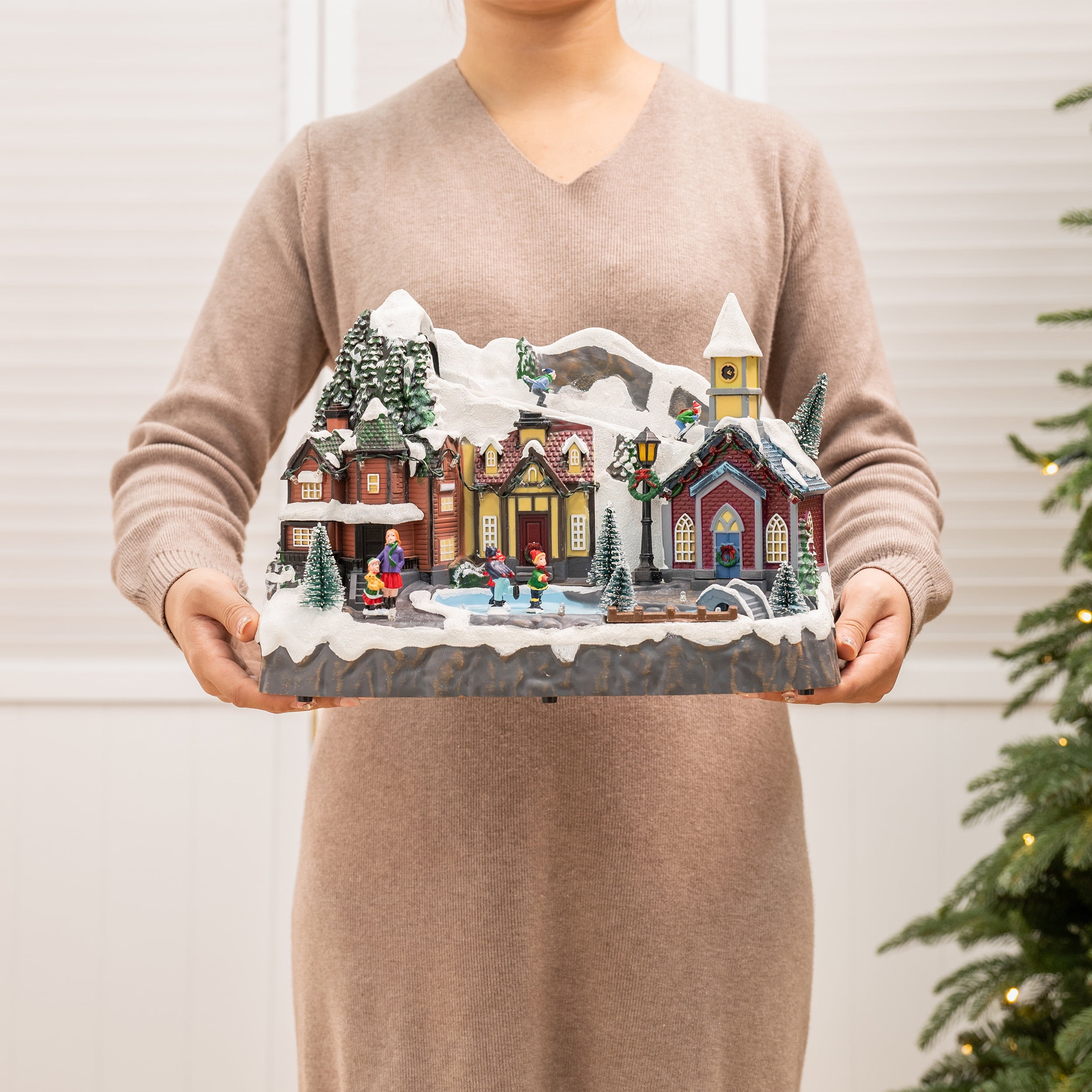 Valery Madelyn 13.3 inches Dynamic Christmas Village, Multi-color Lighted Sledding Down Hill Large Snow Skating Pond Musical Christmas Decoration for Holiday Table Top Decoration - Image 6