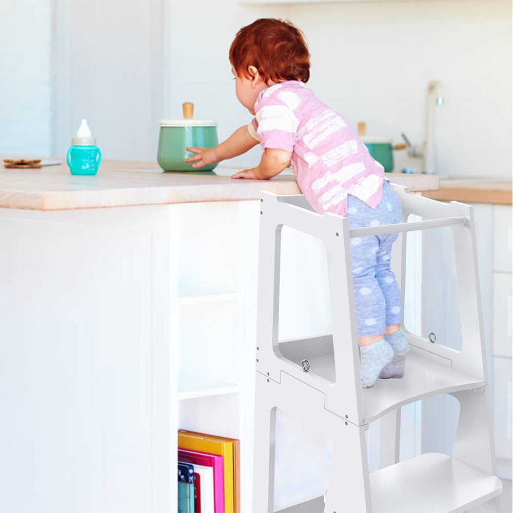 Zzbiqs Kids Kitchen Step Stool with Safety Rail, 2 in 1 Convertible Wooden Toddler Learning Stool Helper Standing Tower for Kitchen Counter, Bathroom, Toilet , White - Image 8