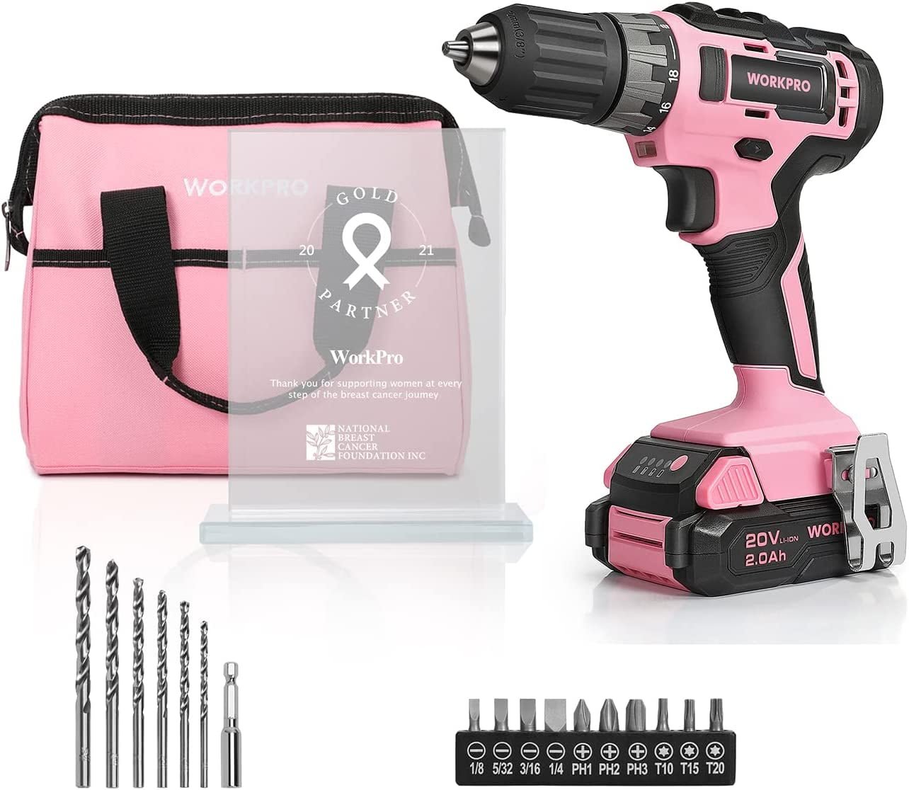 WORKPRO 20V Pink Cordless Drill Driver Set, 3/8” Keyless Chuck, 2.0 Ah Li-Ion Battery, 1 Hour Fast Charger and 11-inch Storage Bag Included - Image 7