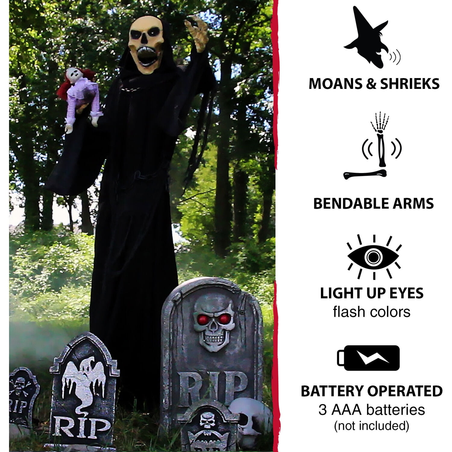 Haunted Hill Farm Life-Size 5.7 ft Animatronic Reaper, Indoor/Outdoor Halloween Decoration, Flashing Colorful Eyes, Poseable, Battery-Operated, HHRPR-6FLSA - Image 7