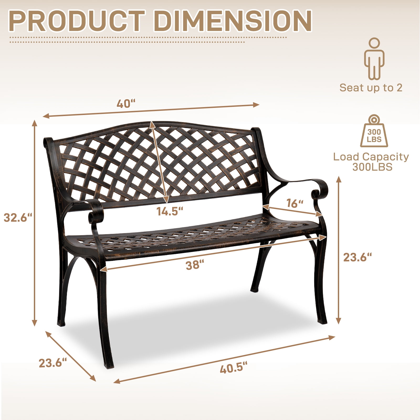 Zimtown 40.5" Aluminum Garden Bench with Armrests for Outdoor, Patio, Bronze - Image 8