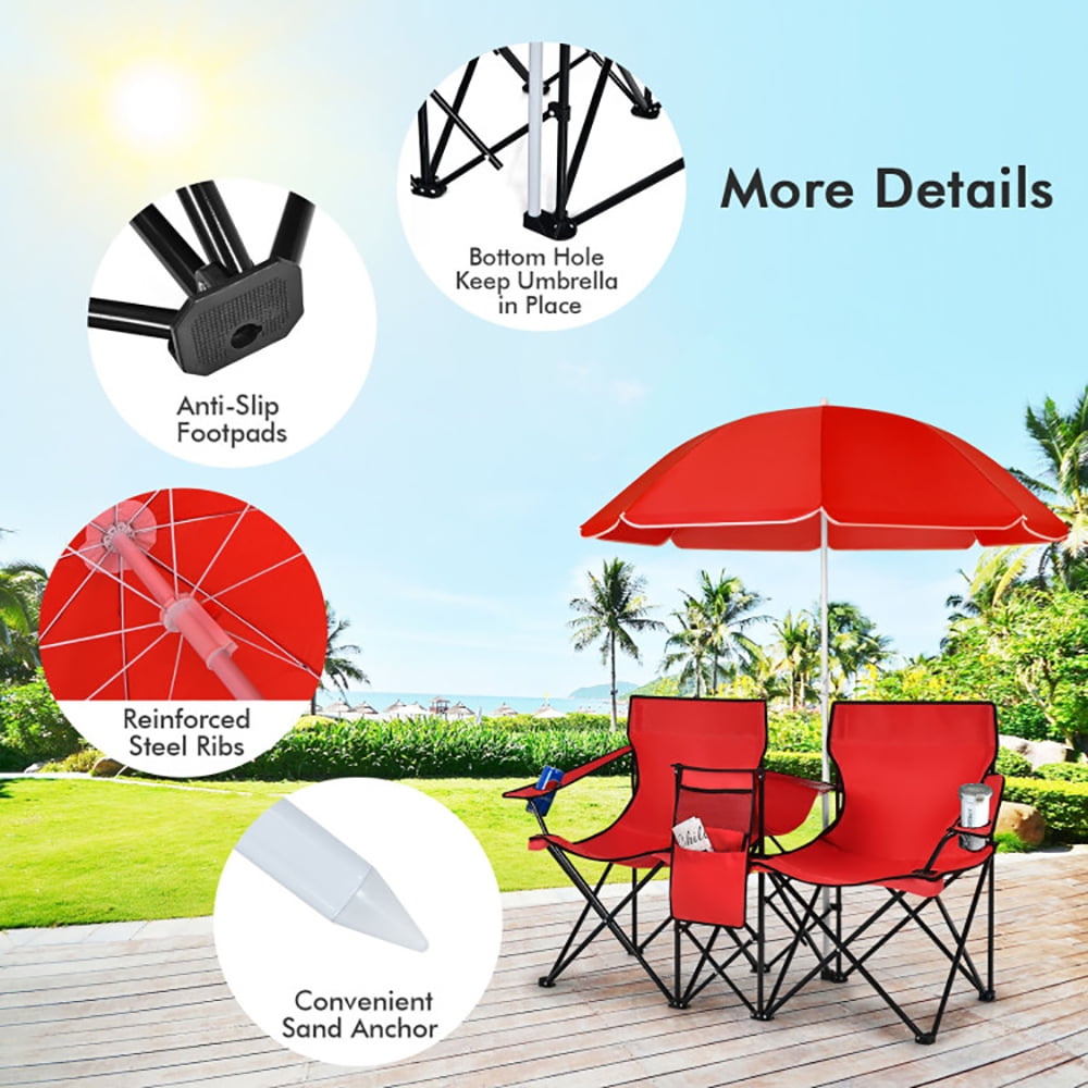 Canddidliike Portable Folding Picnic Double Chair With Umbrella-Red,Portable Double Folding Chair For Beach,Camping - Image 6